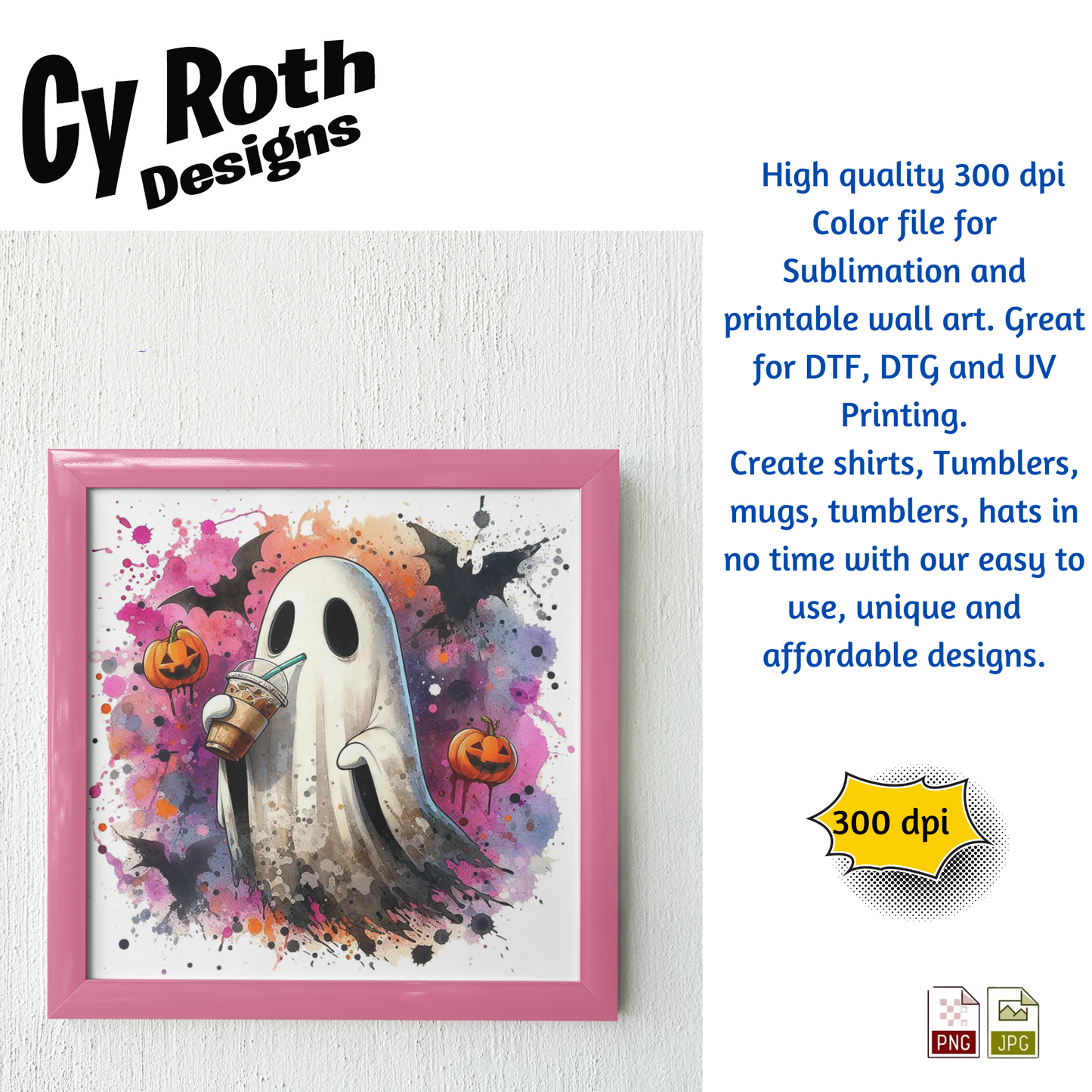 Framed artwork showing image of a Halloween ghost sipping on iced coffee