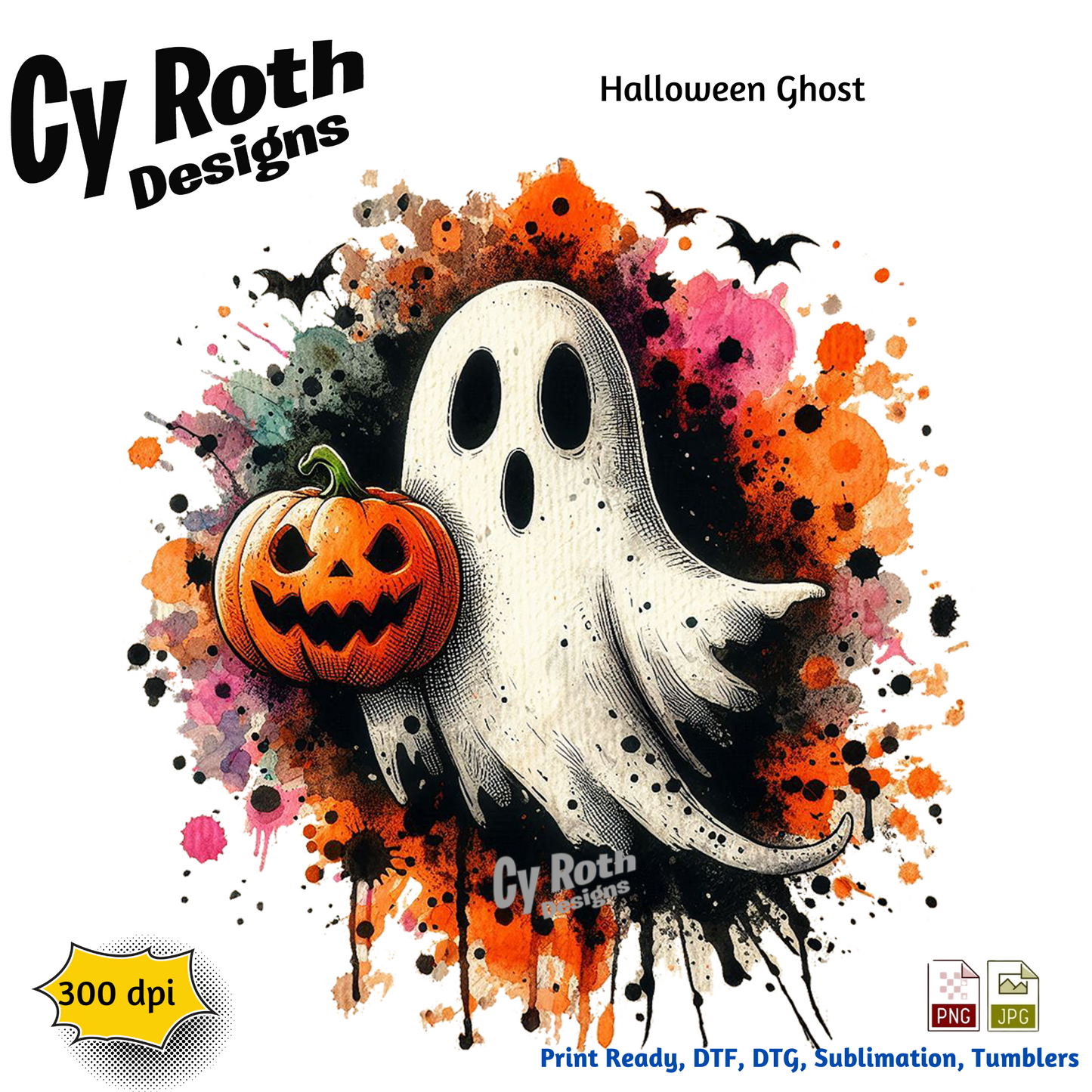 Halloween ghost with jackolantern sublimation design for tumblers, T-Shirts, Wall Art (PNG, SVG Digital Download).