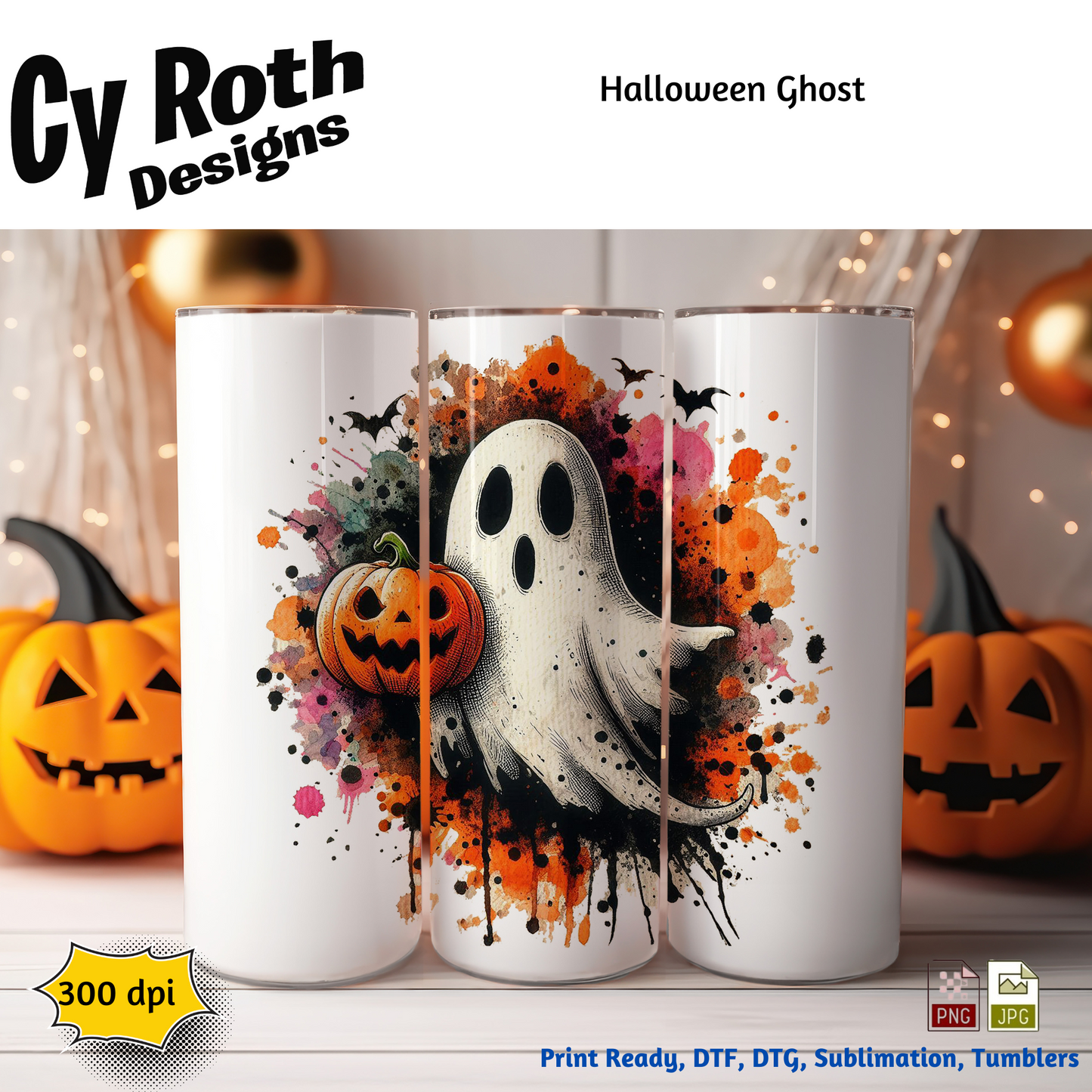 Halloween-themed 20 oz tumbler with ghost and pumpkin design