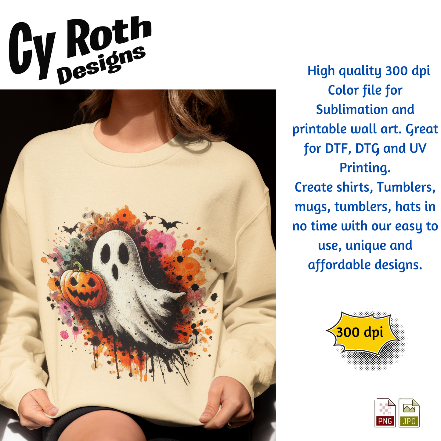 Woman wearing sweatshirt with image of Halloween ghost with jackolantern