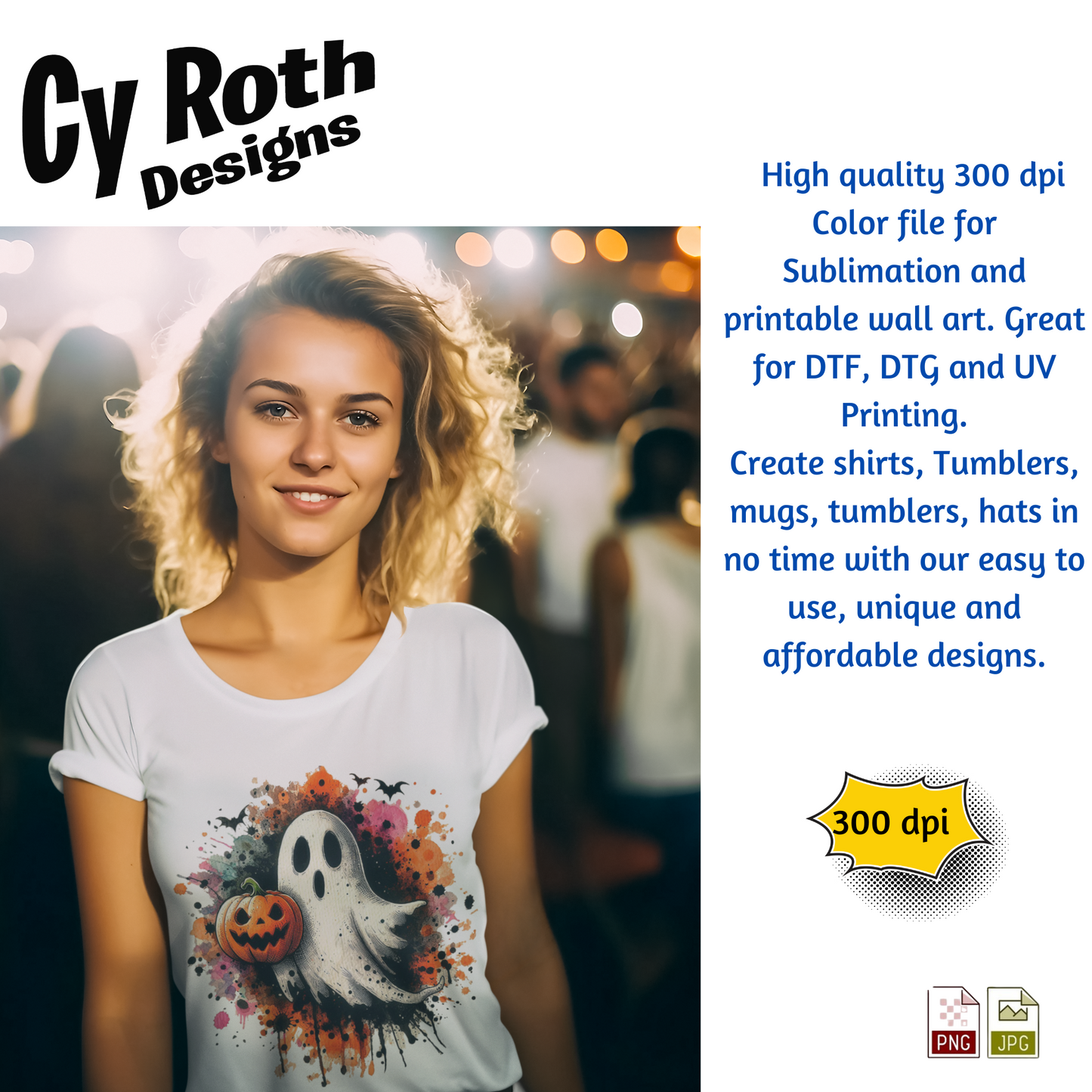 Woman wearing white t-shirt featuring Halloween ghost with jackolantern