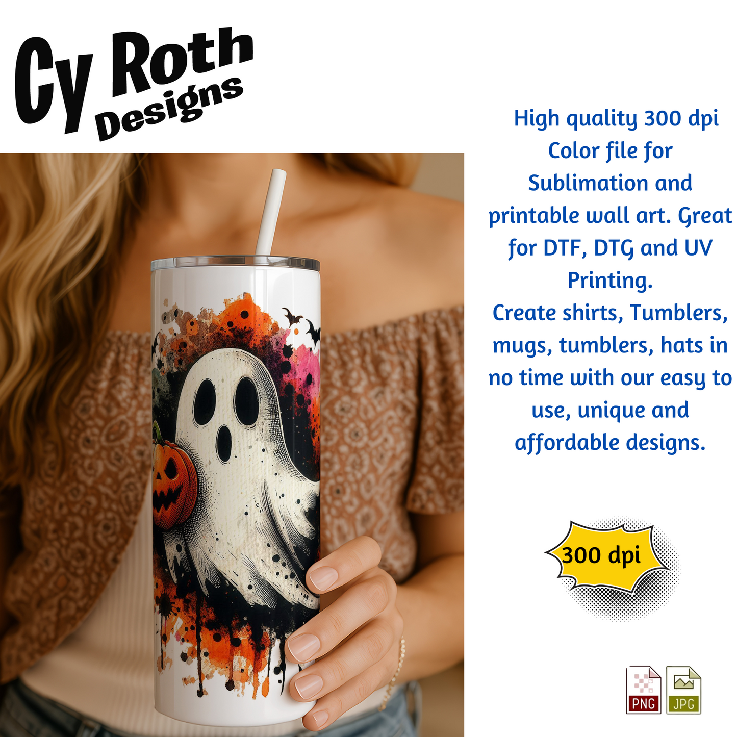 Woman holding tumber featuring Halloween ghost