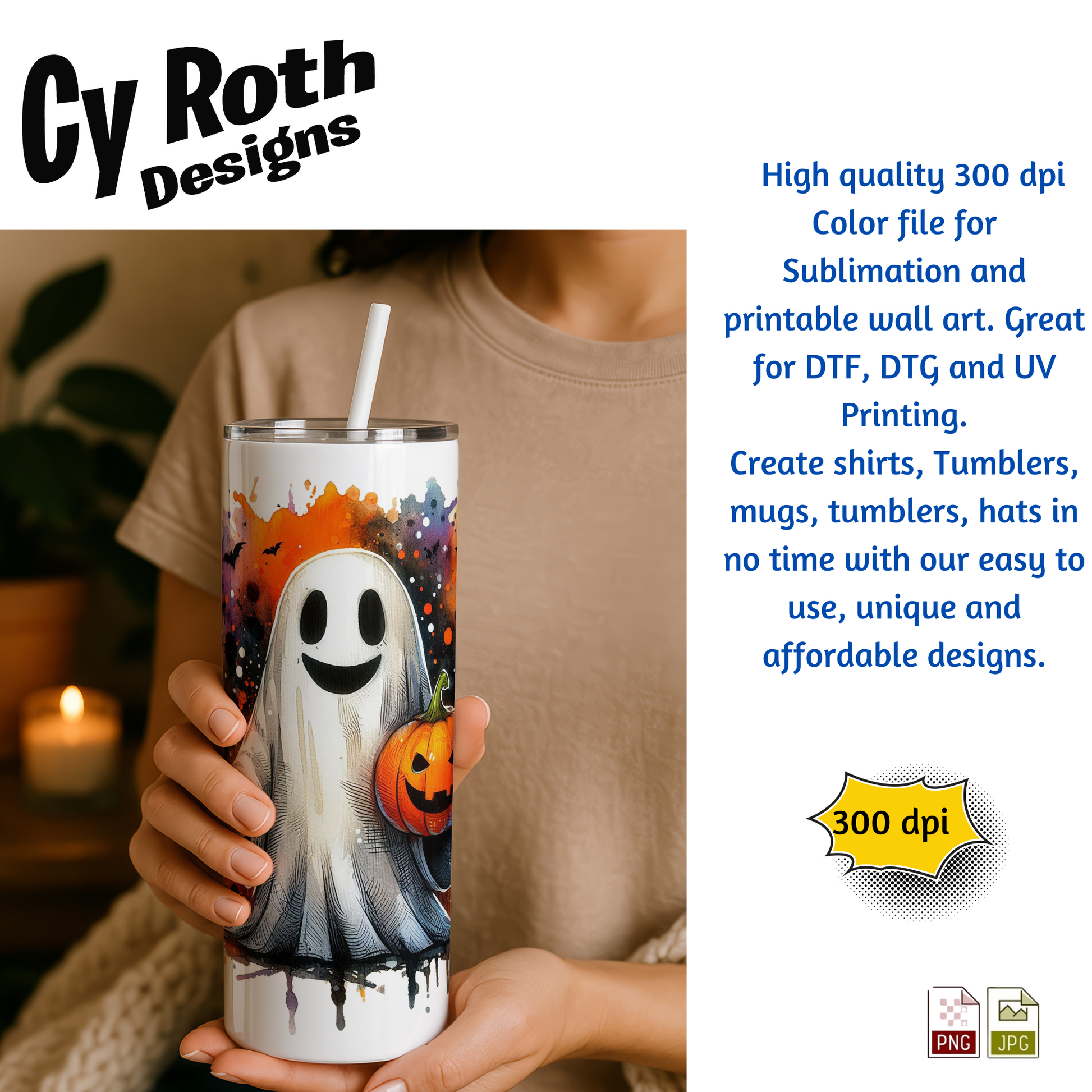 Woman holding a tumbler sublimated with the image of a Halloween ghost holding a pumpkin