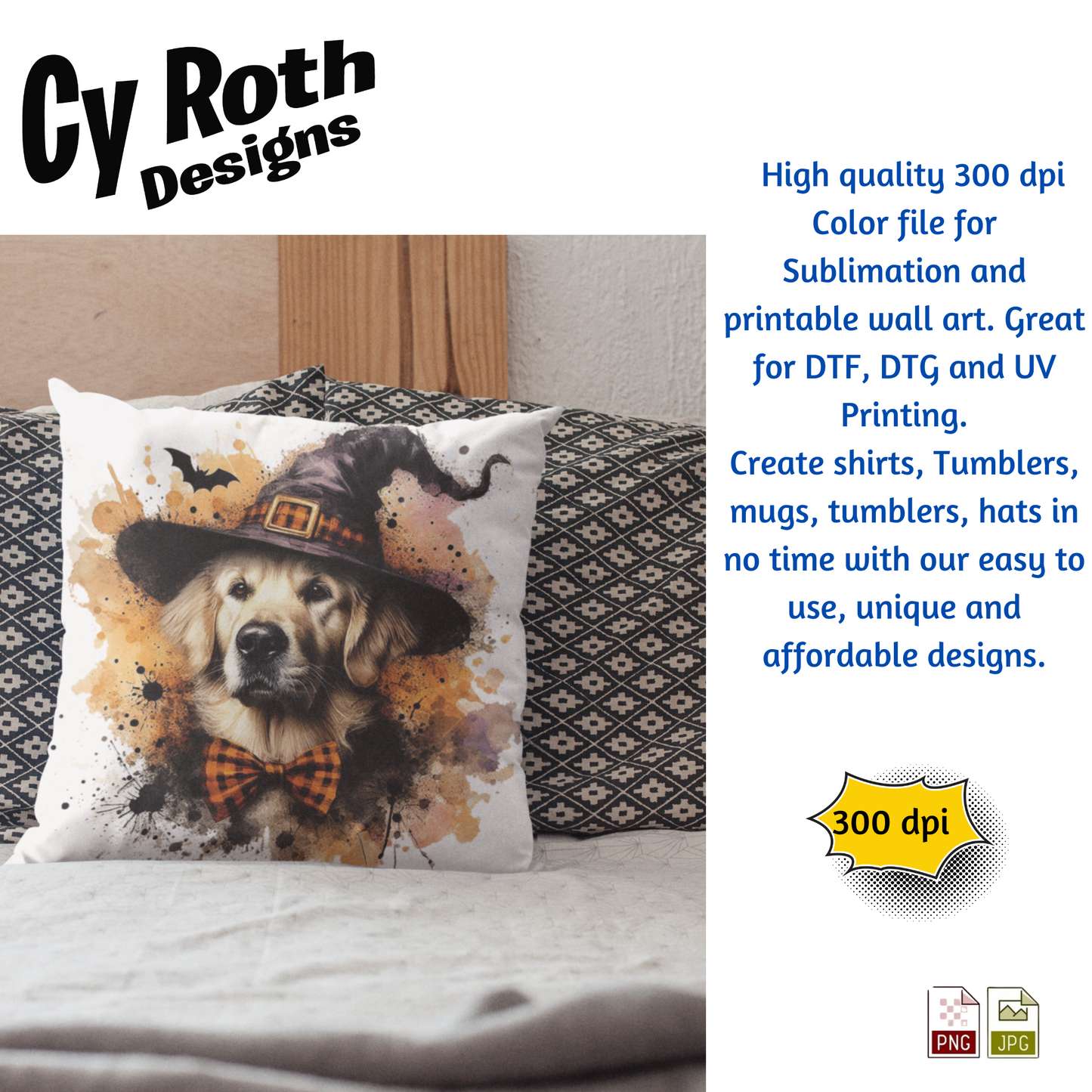 Decorative pillow with a dog wearing a witch hat on a bed, featuring Cy Roth Designs branding.