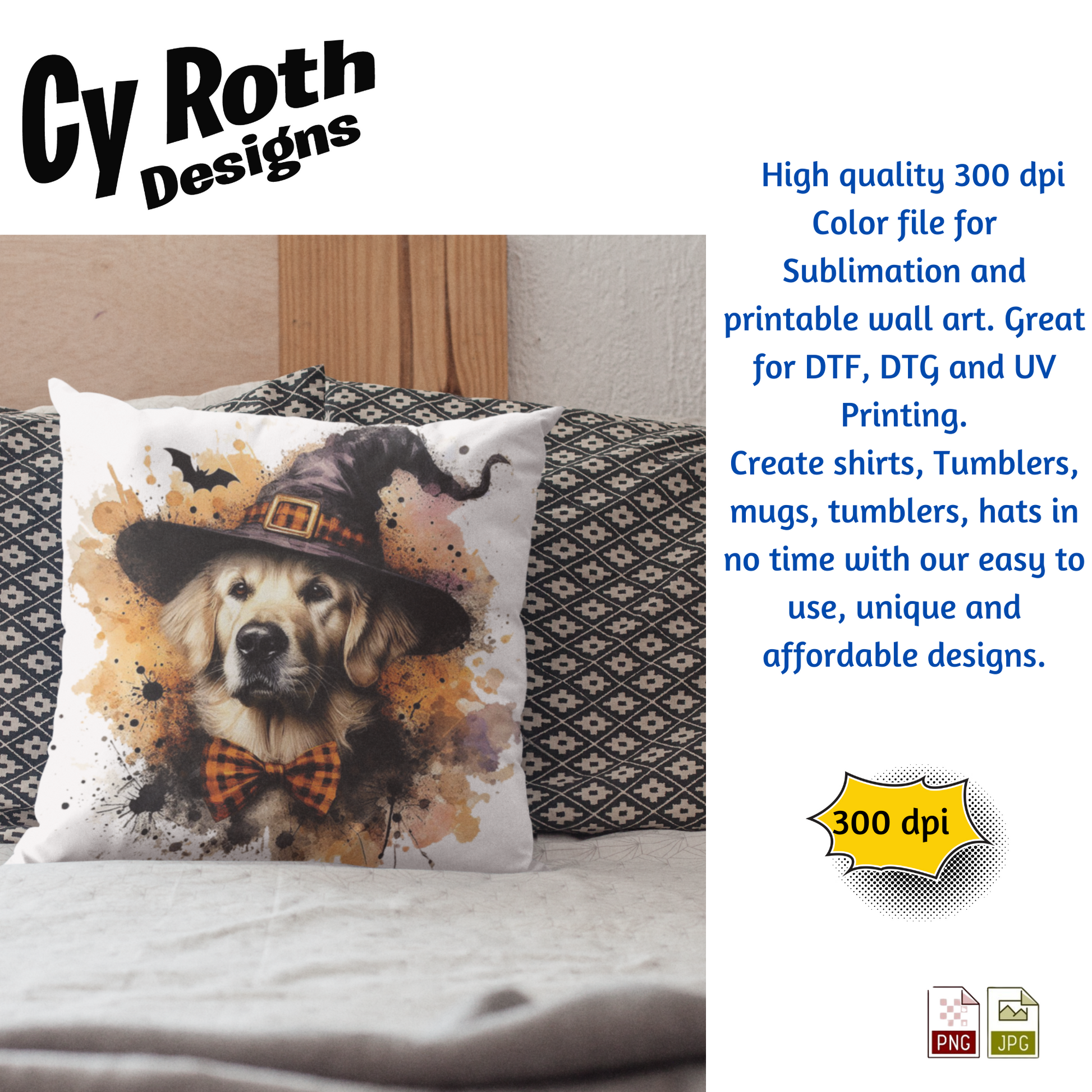 Decorative pillow with a dog wearing a witch hat on a bed, featuring Cy Roth Designs branding.