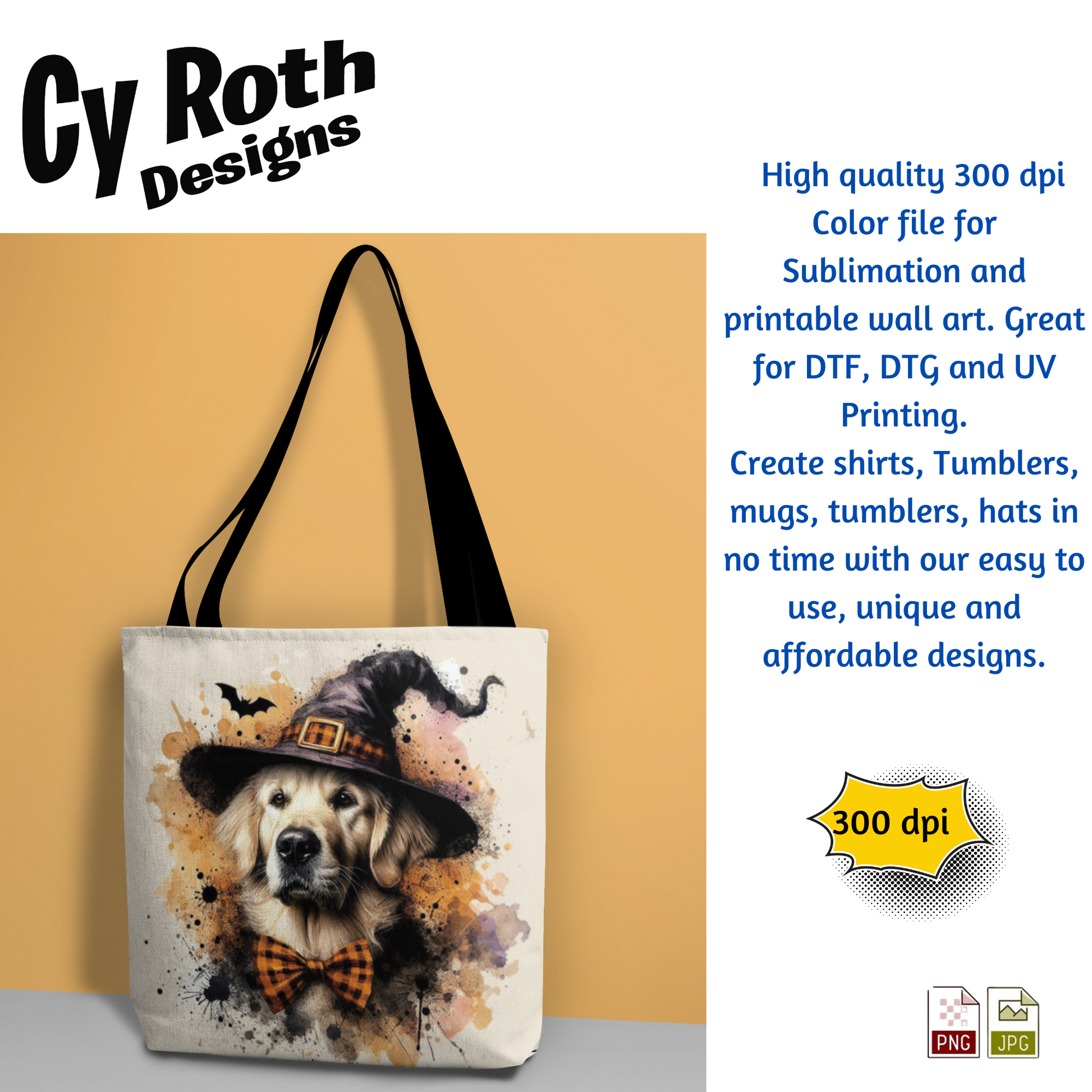 Tote bag with a dog wearing a witch hat design on a yellow background, featuring Cy Roth Designs branding.