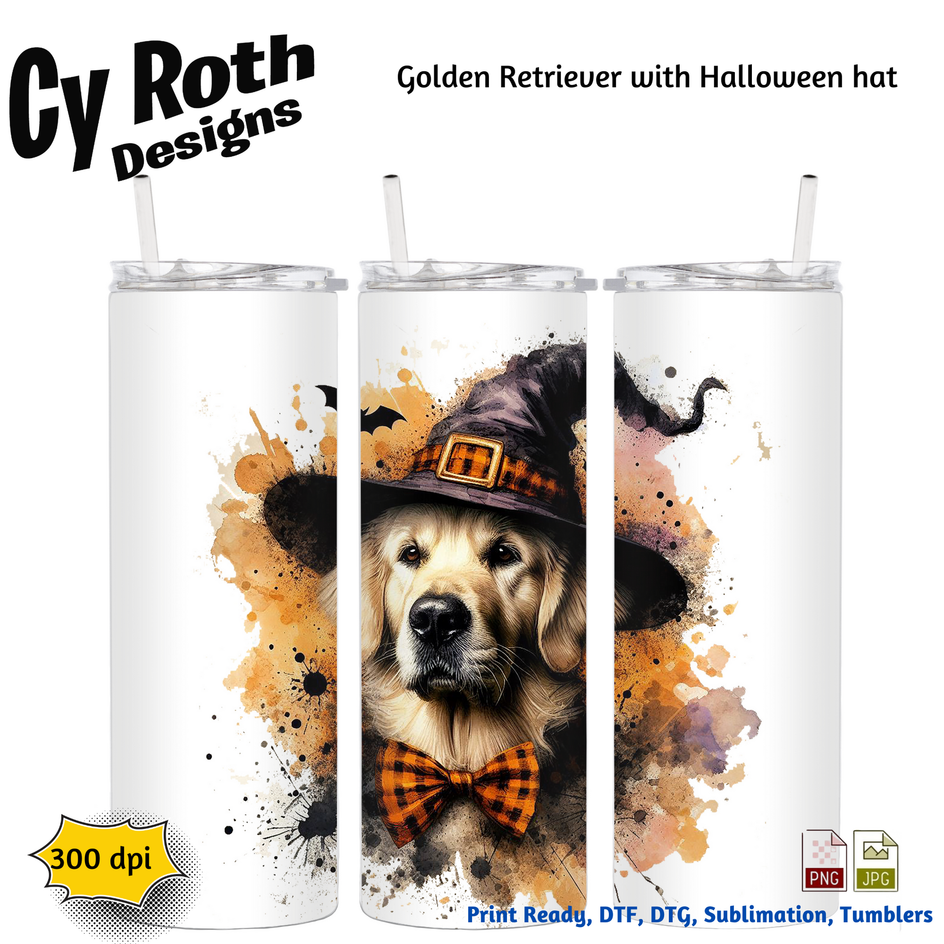 Tumblers with a Golden Retriever wearing a Halloween hat design, branded 'Cy Roth Designs'.