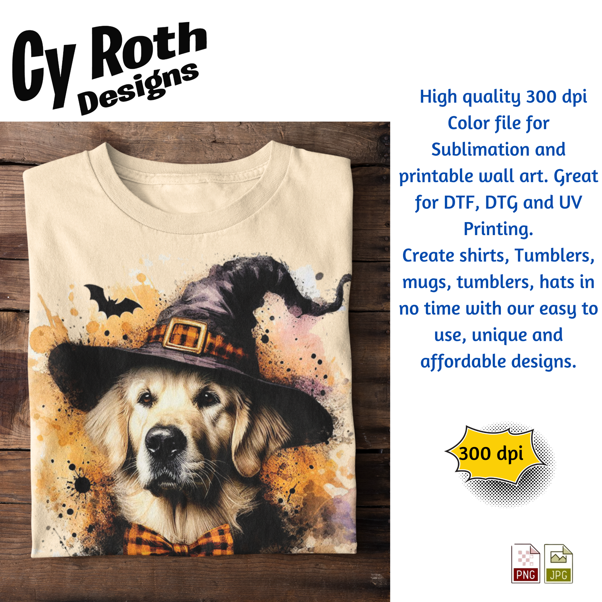 T-shirt with a dog wearing a witch hat on a wooden surface, featuring Cy Roth Designs text and product details.