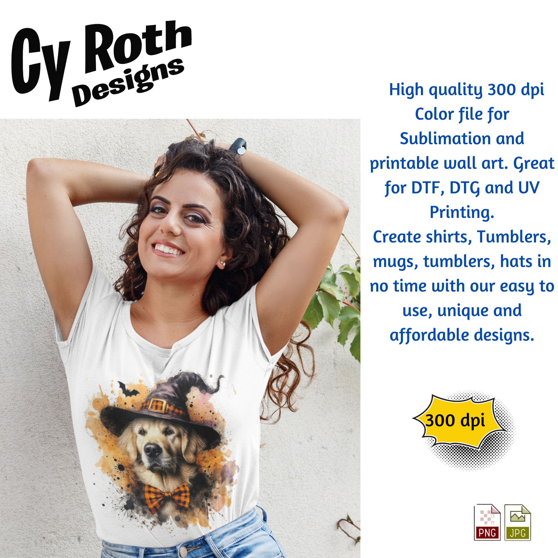 Woman wearing a white T-shirt with a Golden Retriever wearing a halloween hat graphic, Cy Roth Designs branding on the left.
