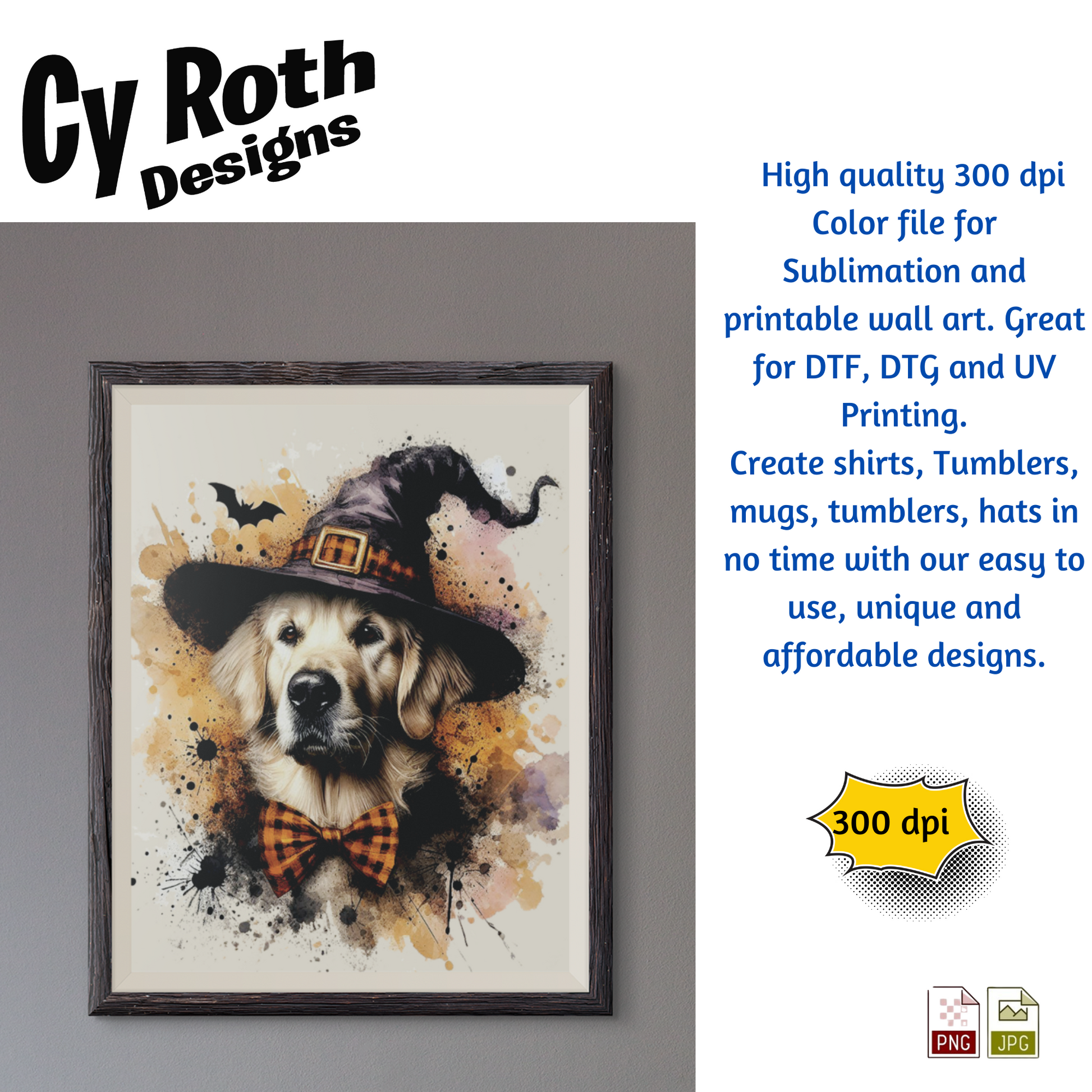Framed artwork of a dog wearing a witch hat with text about Cy Roth Designs and product details.