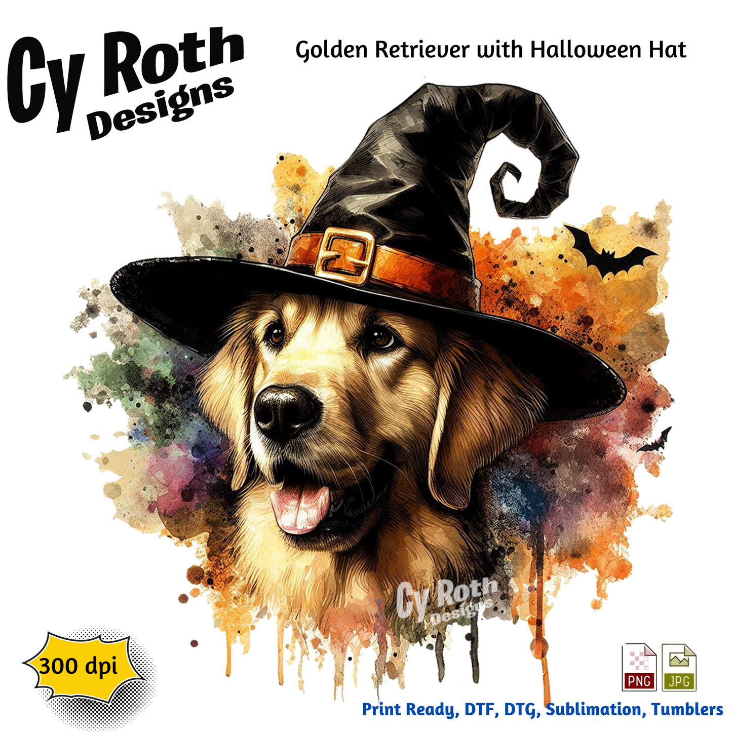 Golden Retriever with Halloween hat sublimation file to make tumblers, t-Shirts, Printable Wall Art, Sweatshirts