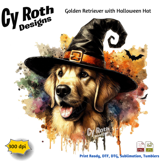 Golden Retriever with Halloween hat sublimation file to make tumblers, t-Shirts, Printable Wall Art, Sweatshirts