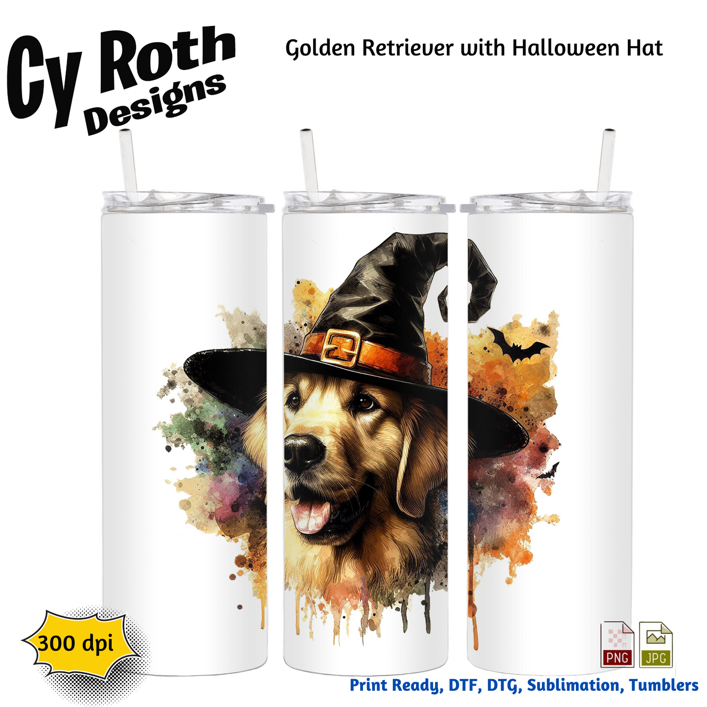 20 oz tumbler with Golden Retriever wearing a Halloween hat sublimation design
