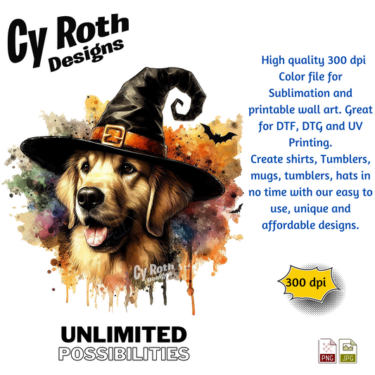 Golden Retriever with Halloween hat sublimation file to make tumblers, t-Shirts, Printable Wall Art, Sweatshirts