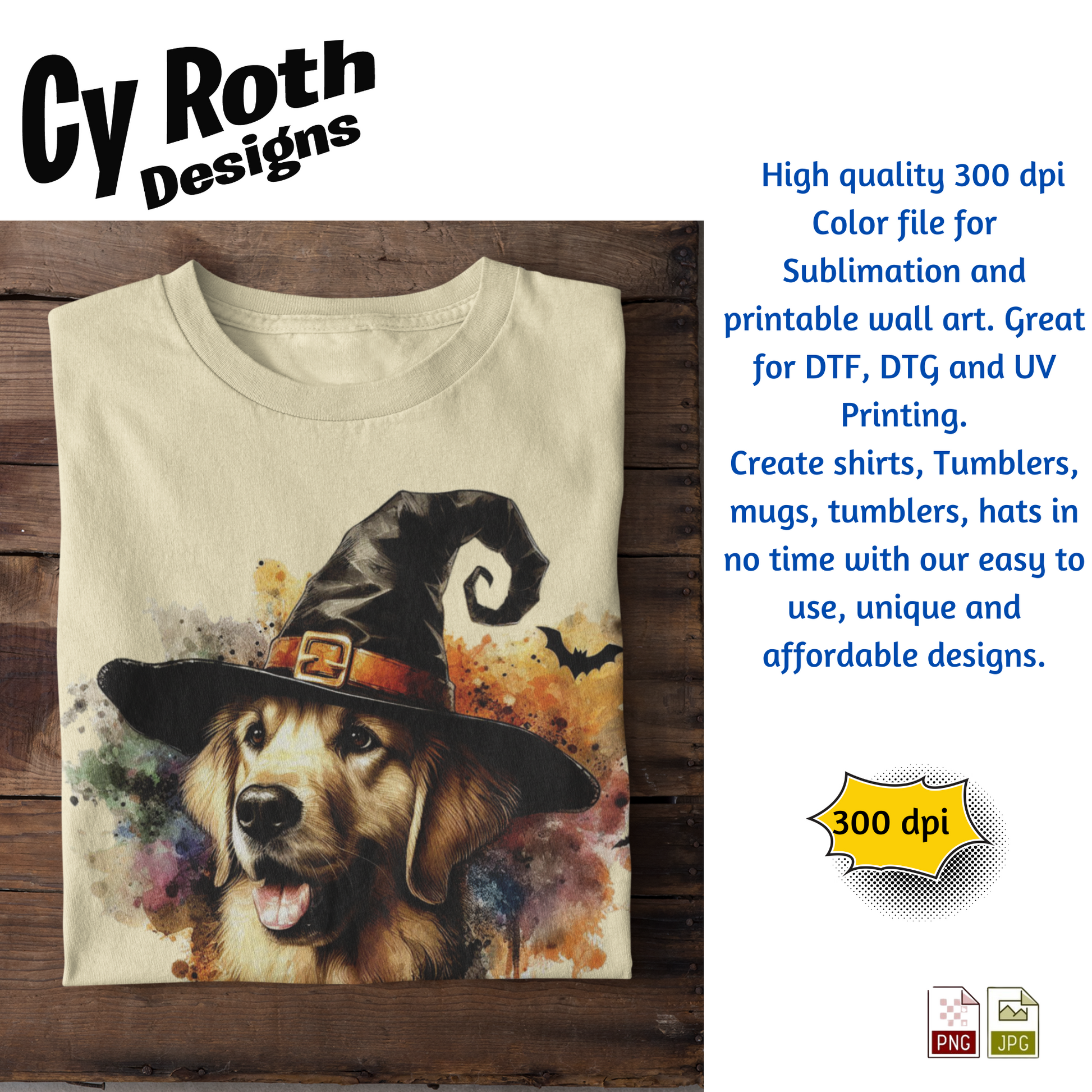 T-shirt with image of a Golden Retriever wearing a Halloween hat