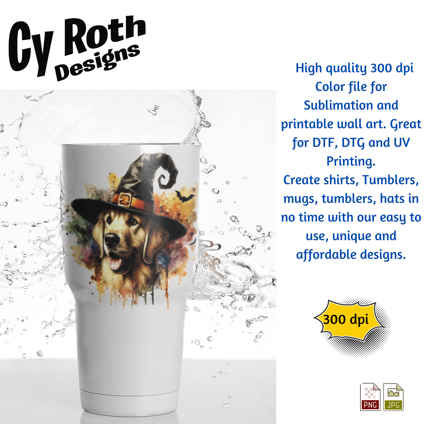 White tumbler with image of a Golden Retriever wearing a Halloween hat