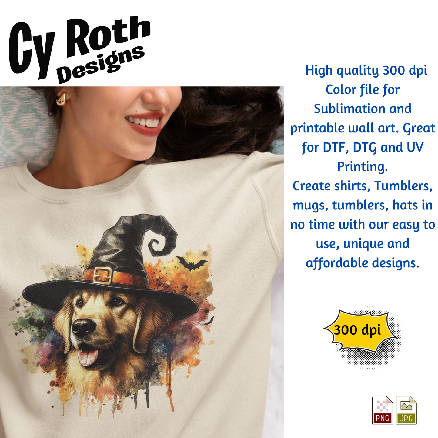 Woman wearing a sweatshirt with design of a Golden Retriever wearing a Halloween hat