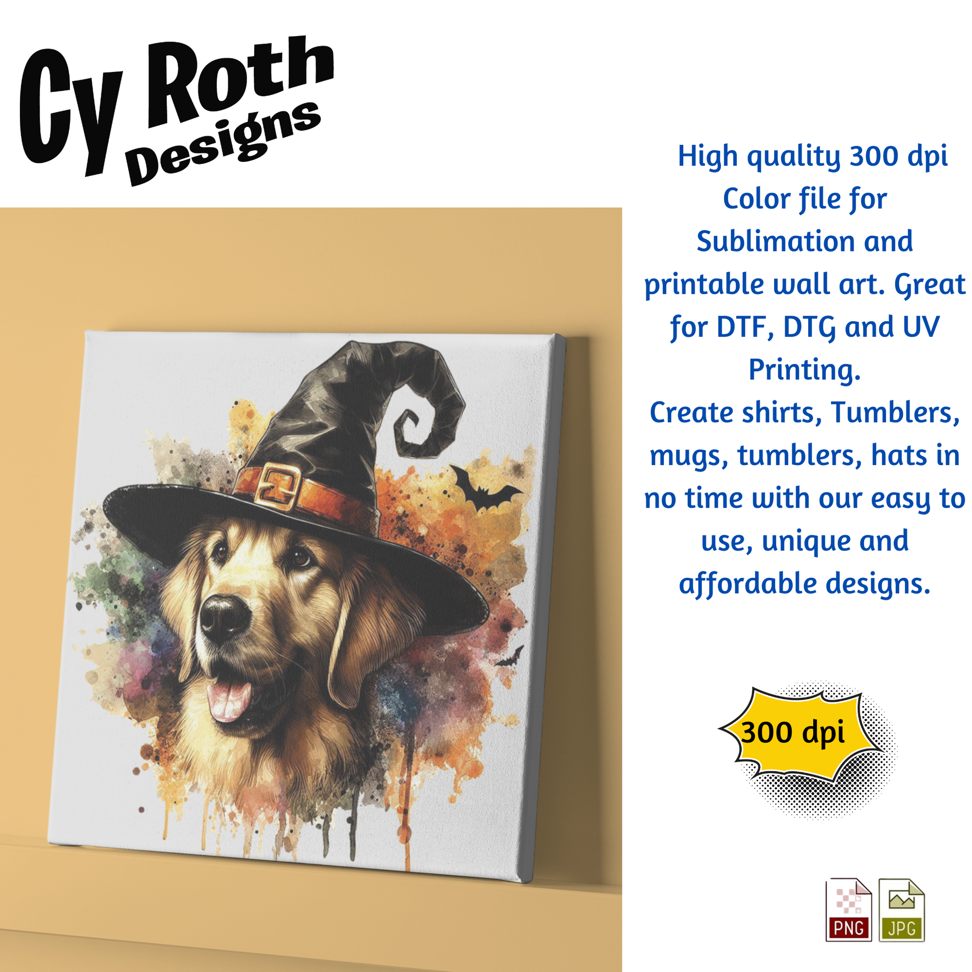 Canvas with image of Golden Retriever wearing a Halloween hat
