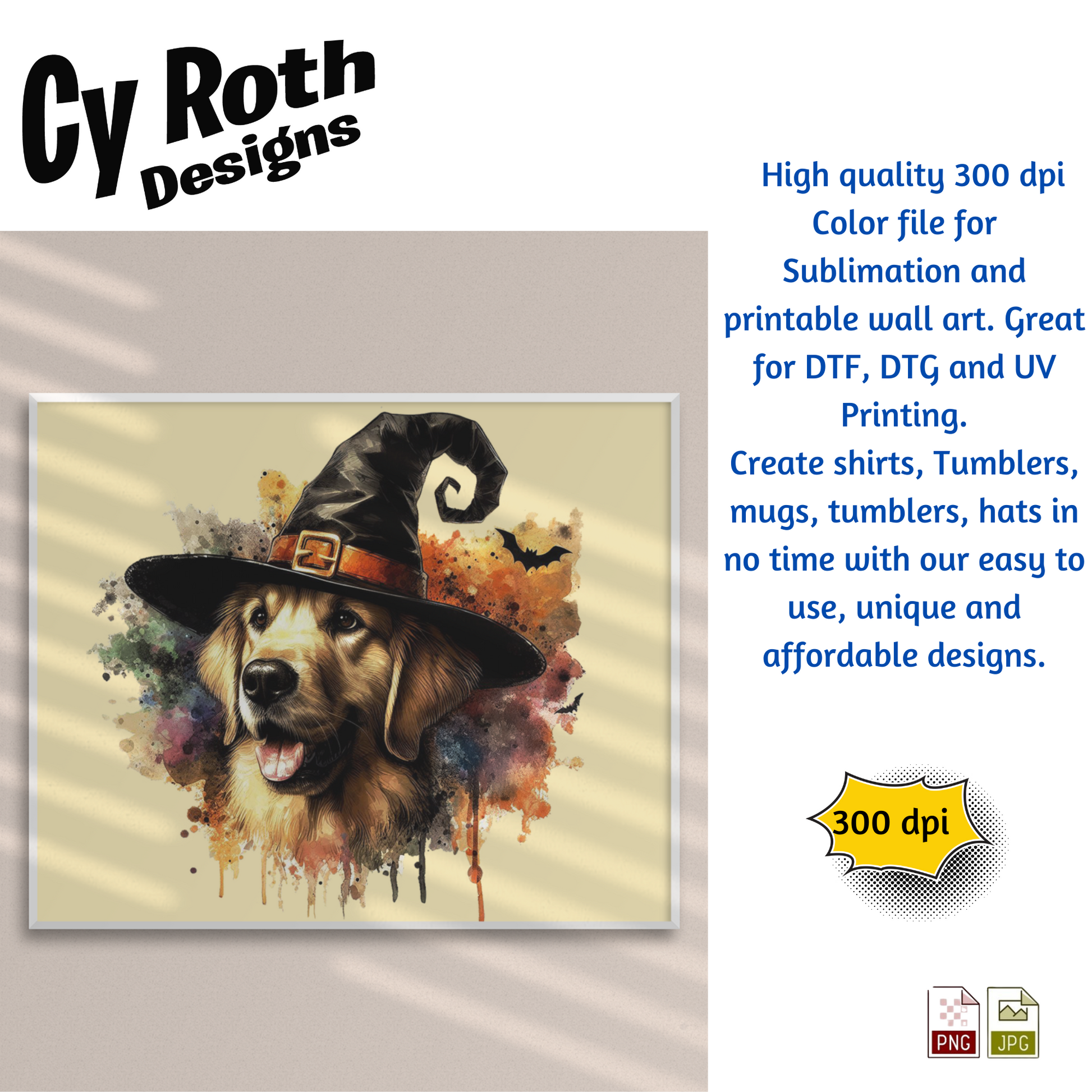 Framed artwork of a Golden Retriever wearing a Halloween hat