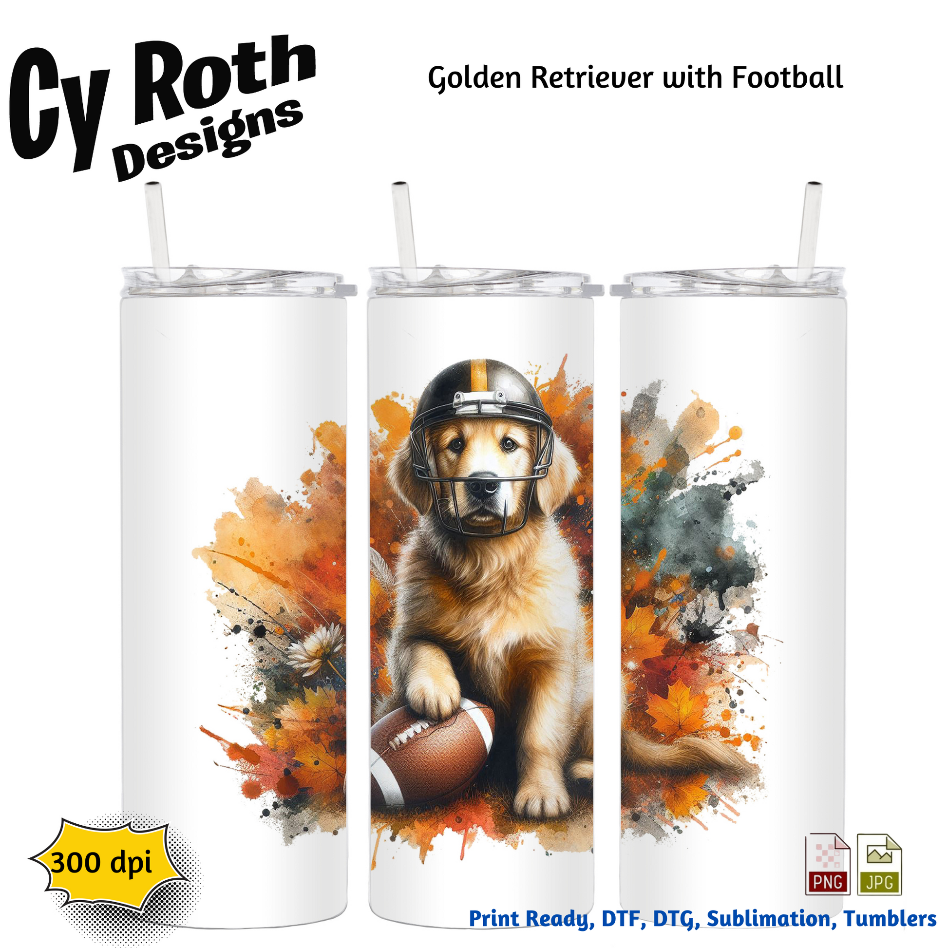 20 oz tumbler with image of a Golden Retriever wearing football helmet sublimation design for tumblers, T-Shirts, Wall Art (PNG, SVG Digital Download).