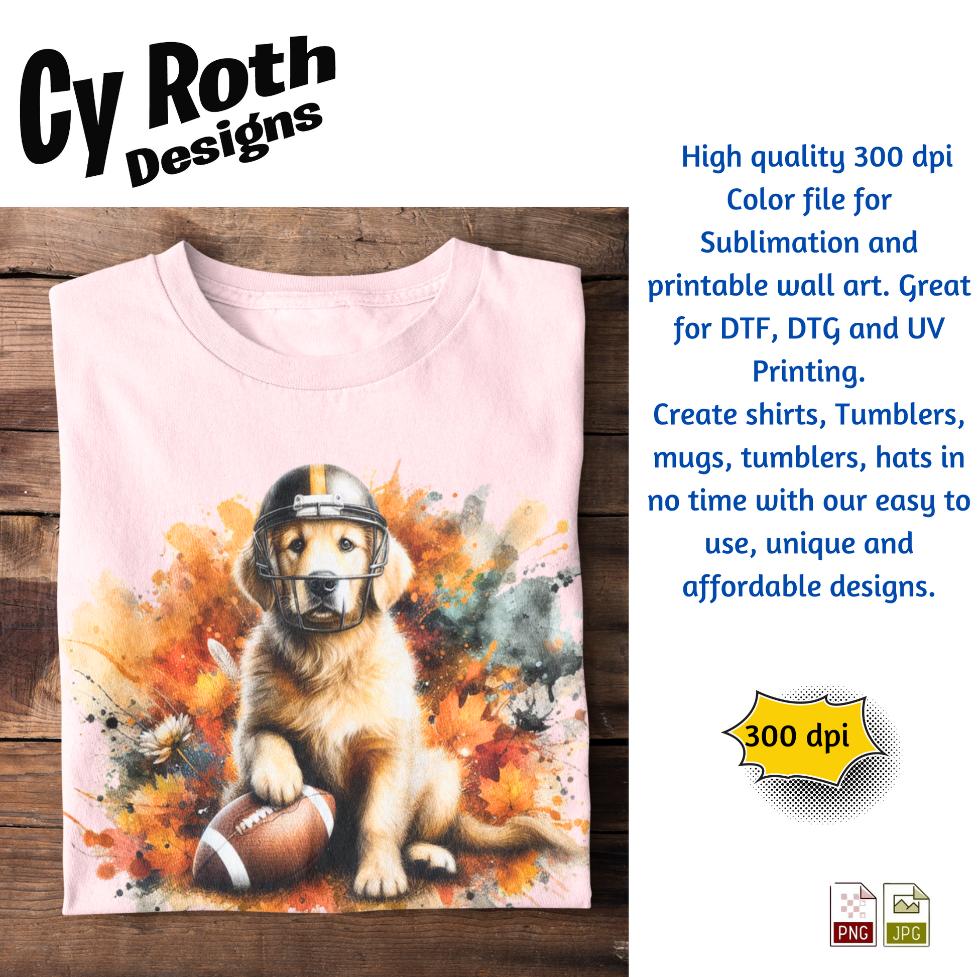 Folded t-shirt with image of a Golden Retriever wearing football helmet sublimation design for tumblers, T-Shirts, Wall Art (PNG, SVG Digital Download).