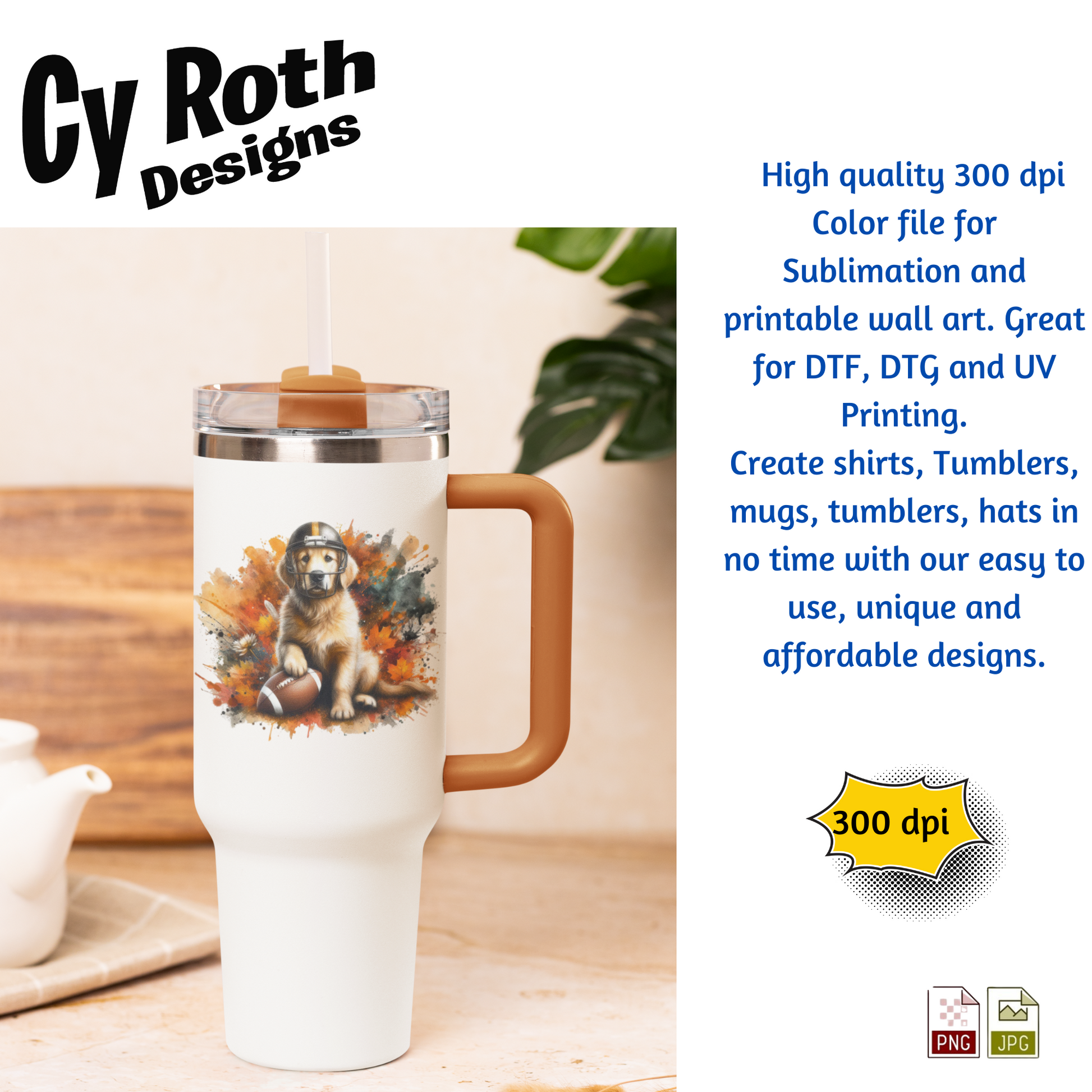 White travel mug featuring a Golden Retriever wearing football helmet sublimation design for tumblers, T-Shirts, Wall Art (PNG, SVG Digital Download).