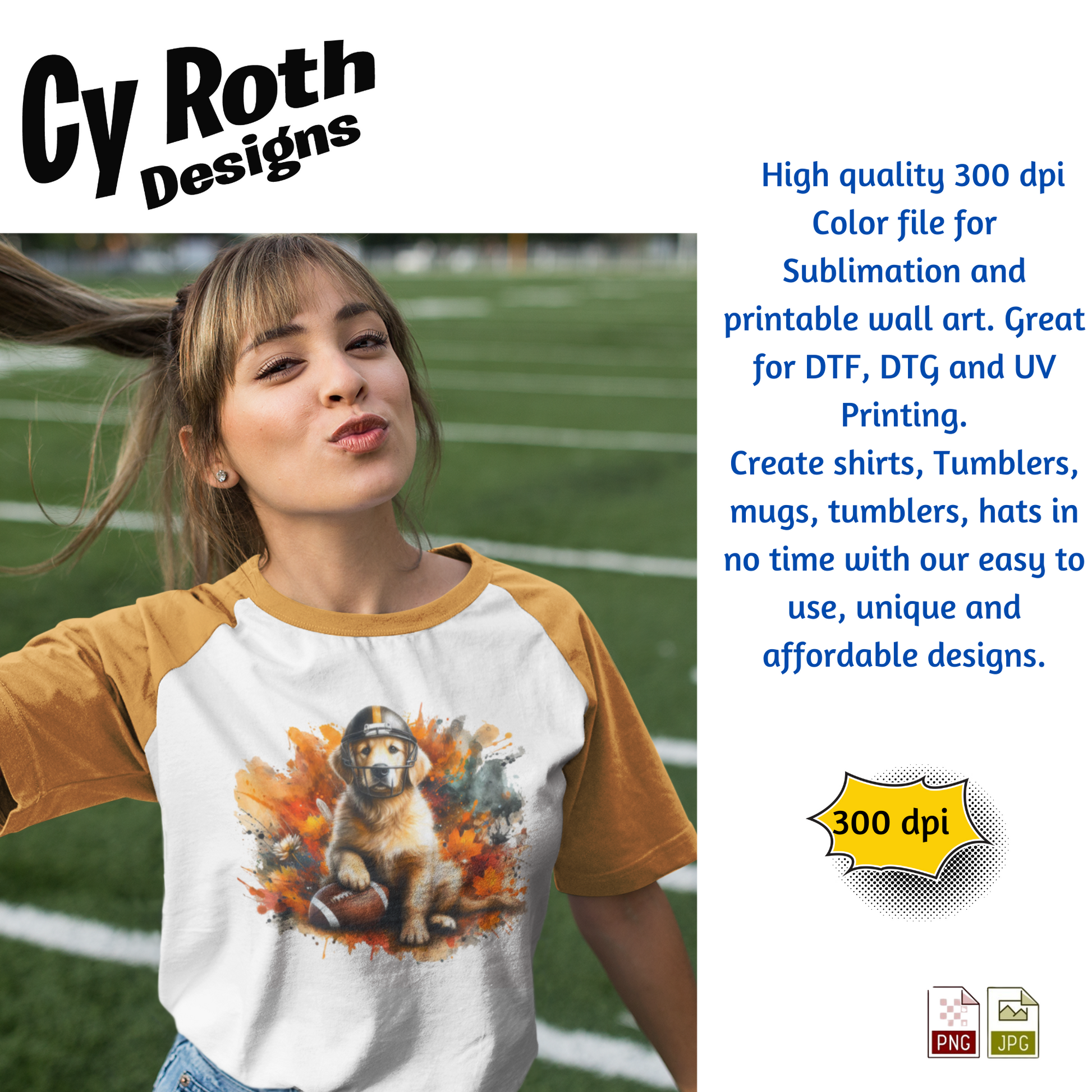 Woman wearing a t-shirt with image of a Golden Retriever wearing football helmet sublimation design for tumblers, T-Shirts, Wall Art (PNG, SVG Digital Download).