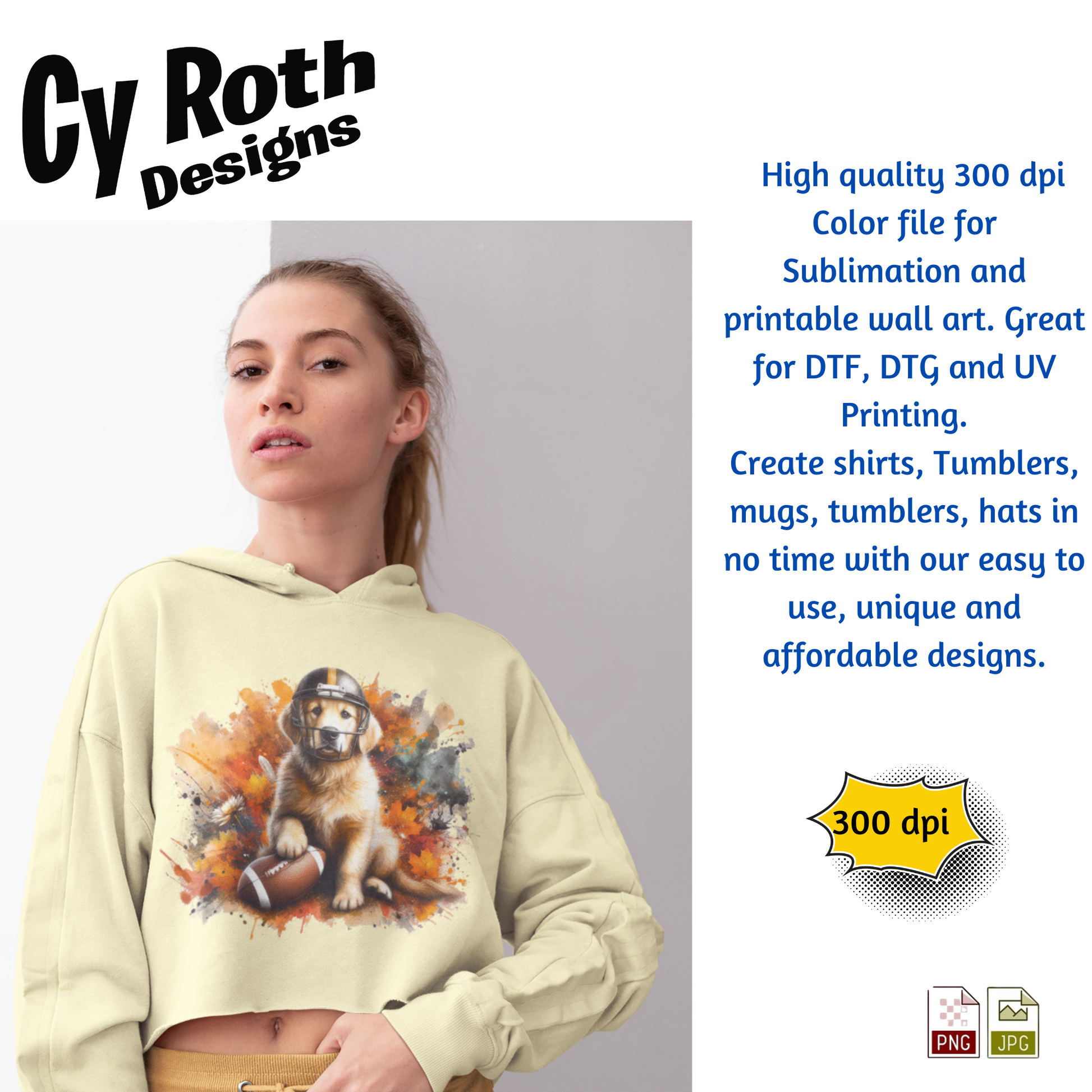 Woman wearing a sweatshirt featuring a Golden Retriever wearing football helmet sublimation design for tumblers, T-Shirts, Wall Art (PNG, SVG Digital Download).