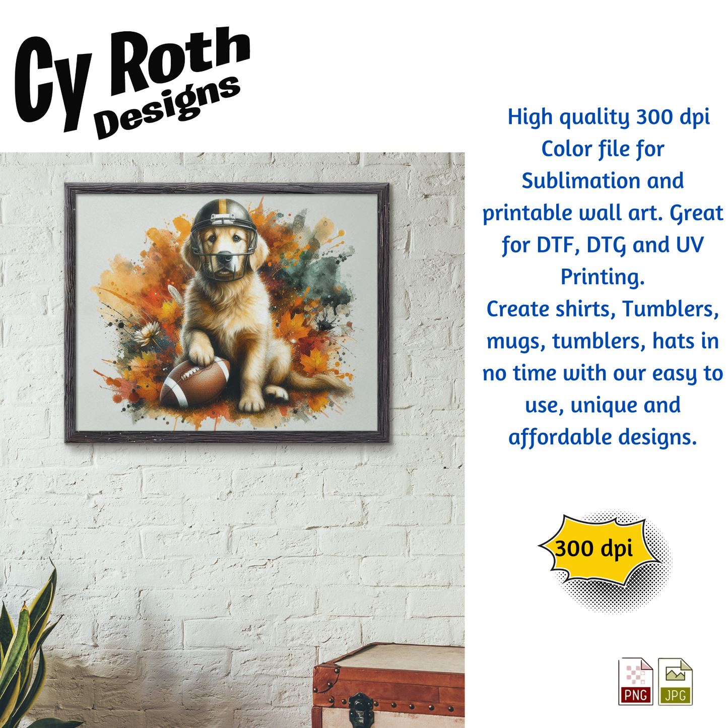 Framed artwork of a Golden Retriever wearing football helmet sublimation design for tumblers, T-Shirts, Wall Art (PNG, SVG Digital Download).