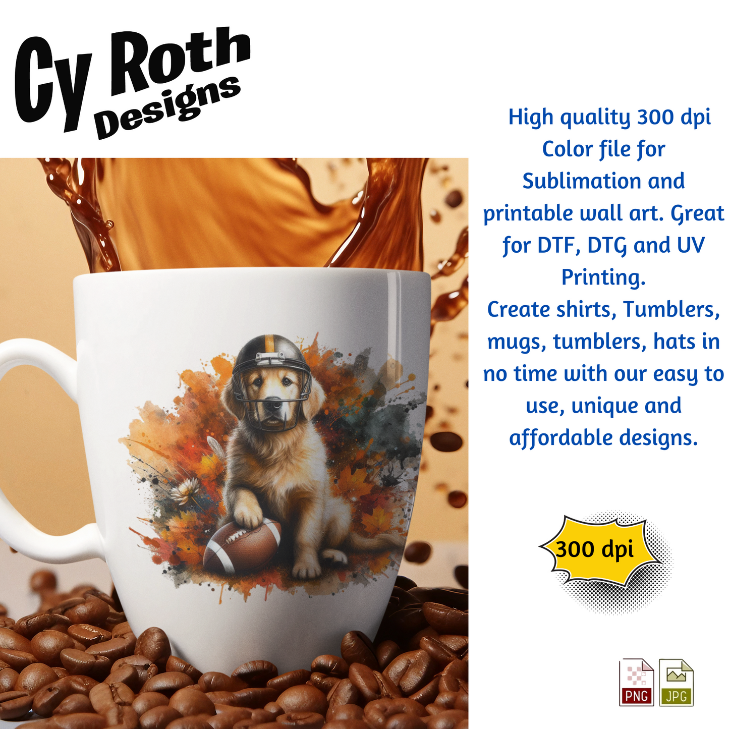 Coffee mug with the image of a Golden Retriever wearing football helmet sublimation design for tumblers, T-Shirts, Wall Art (PNG, SVG Digital Download).