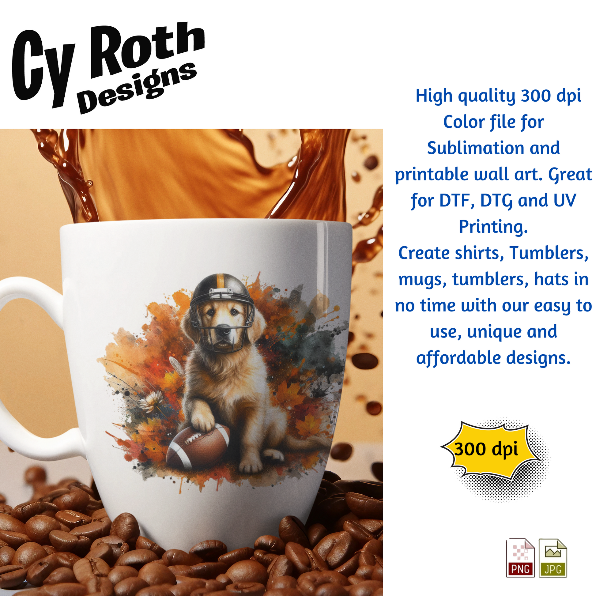 Coffee mug with the image of a Golden Retriever wearing football helmet sublimation design for tumblers, T-Shirts, Wall Art (PNG, SVG Digital Download).