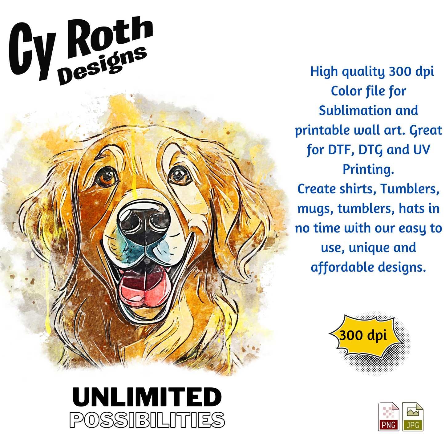 Golden Retriever Sublimation PNG JPG file, Wall Art 20oz skinny Tumbler, shirt PNG, Junk Journal image