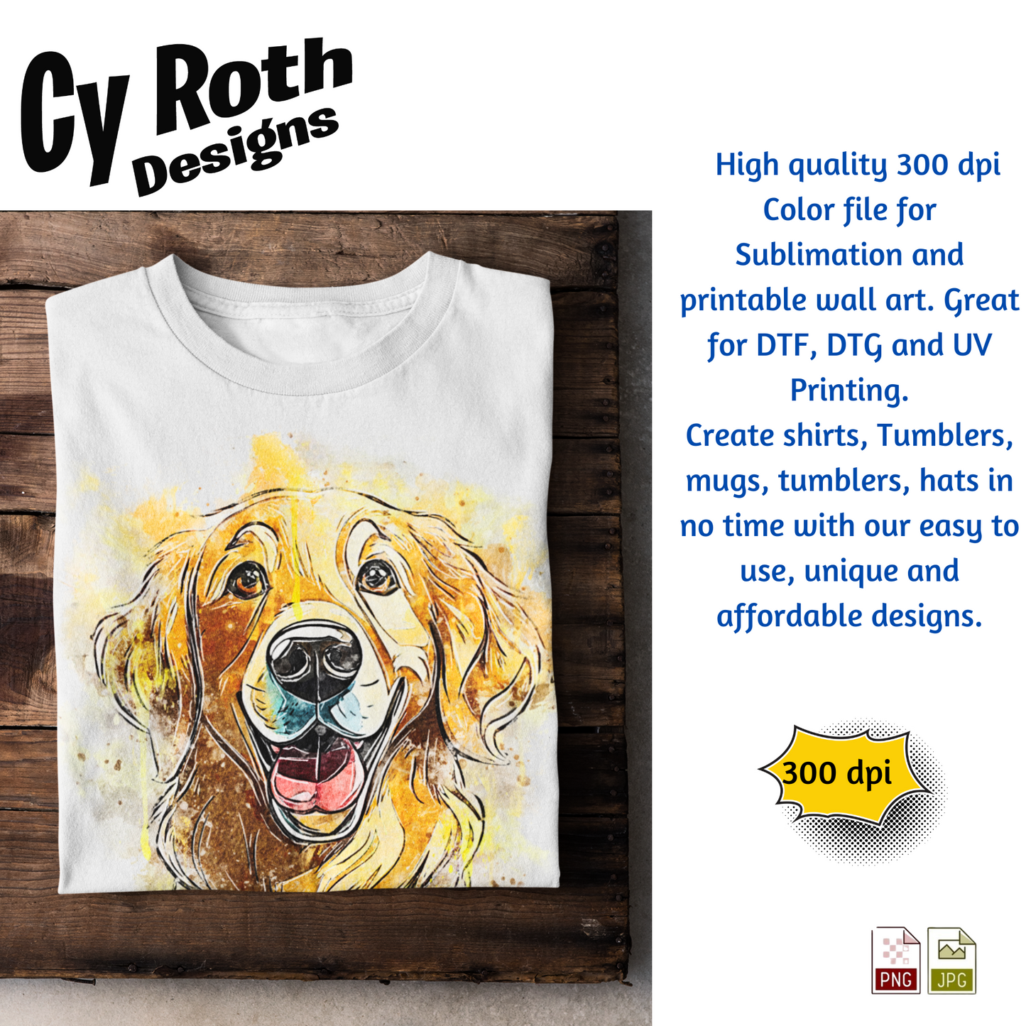 Golden Retriever Sublimation PNG JPG file, Wall Art 20oz skinny Tumbler, shirt PNG, Junk Journal image