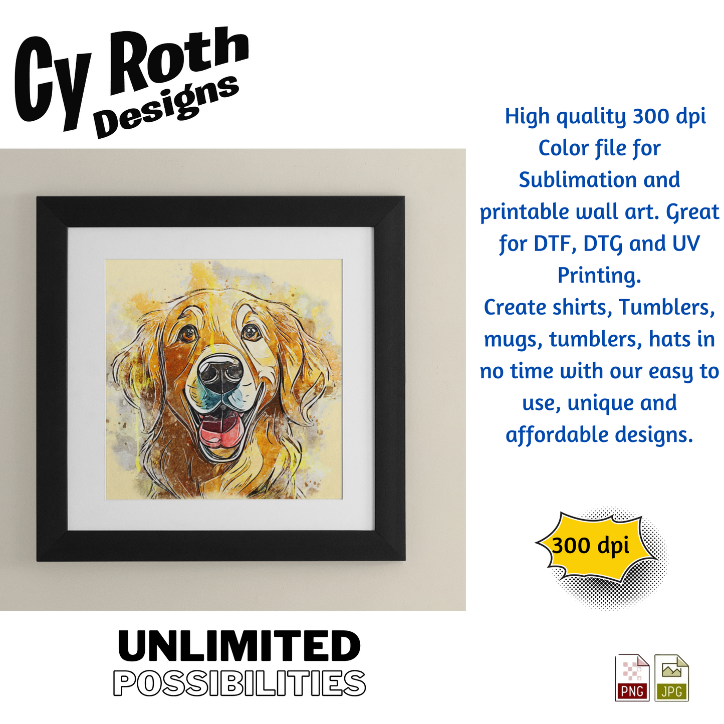 Golden Retriever Sublimation PNG JPG file, Wall Art 20oz skinny Tumbler, shirt PNG, Junk Journal image