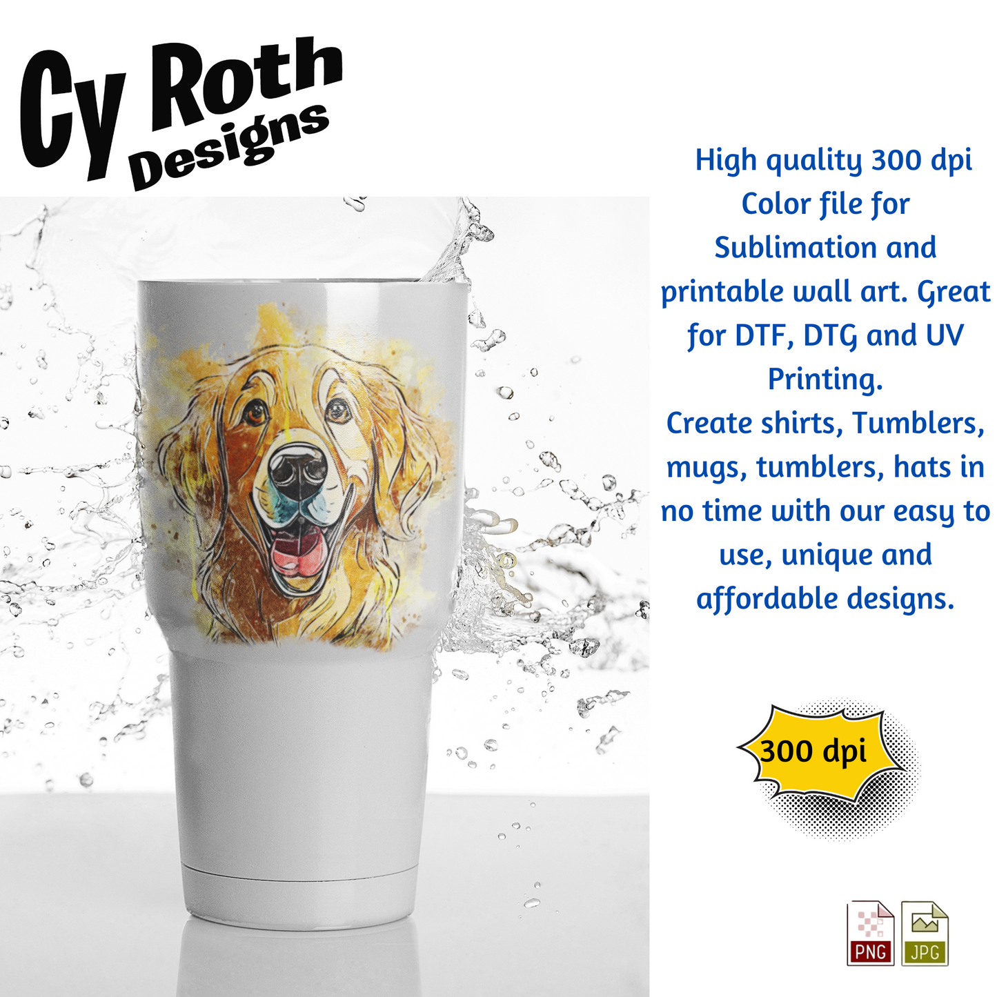 Golden Retriever Sublimation PNG JPG file, Wall Art 20oz skinny Tumbler, shirt PNG, Junk Journal image