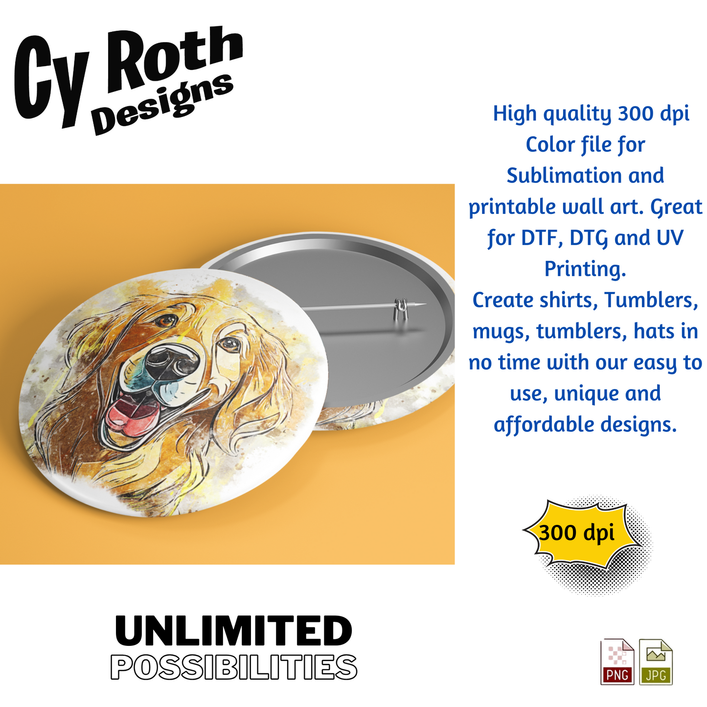 Golden Retriever Sublimation PNG JPG file, Wall Art 20oz skinny Tumbler, shirt PNG, Junk Journal image