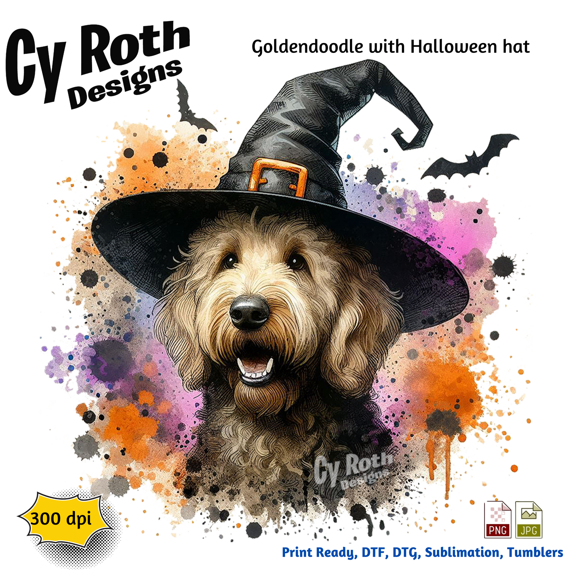 Goldendoodle wearing a witch hat with Halloween-themed background, Cy Roth Designs branding.