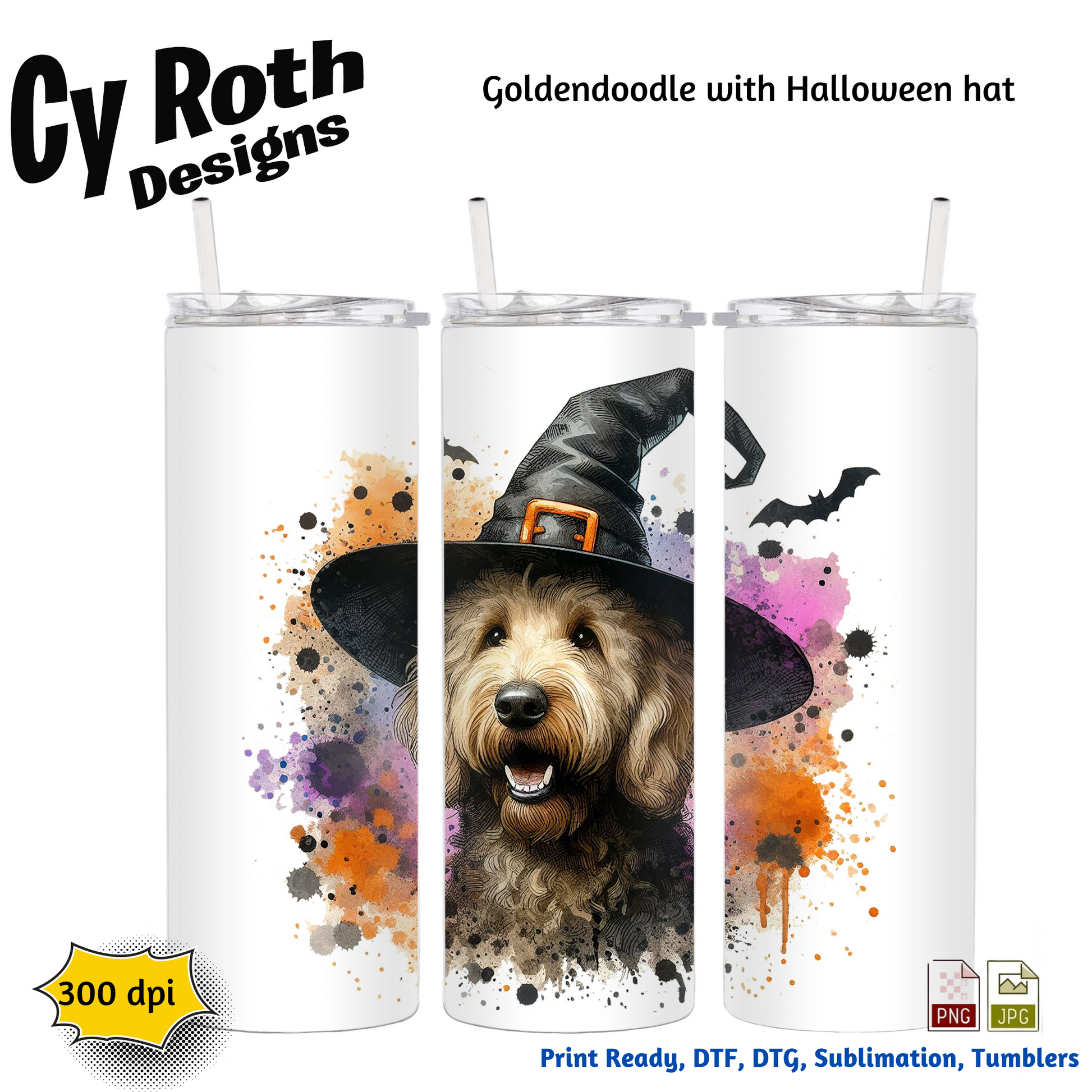 Tumblers with a Goldendoodle wearing a Halloween witch hat design, branded 'Cy Roth Designs'.