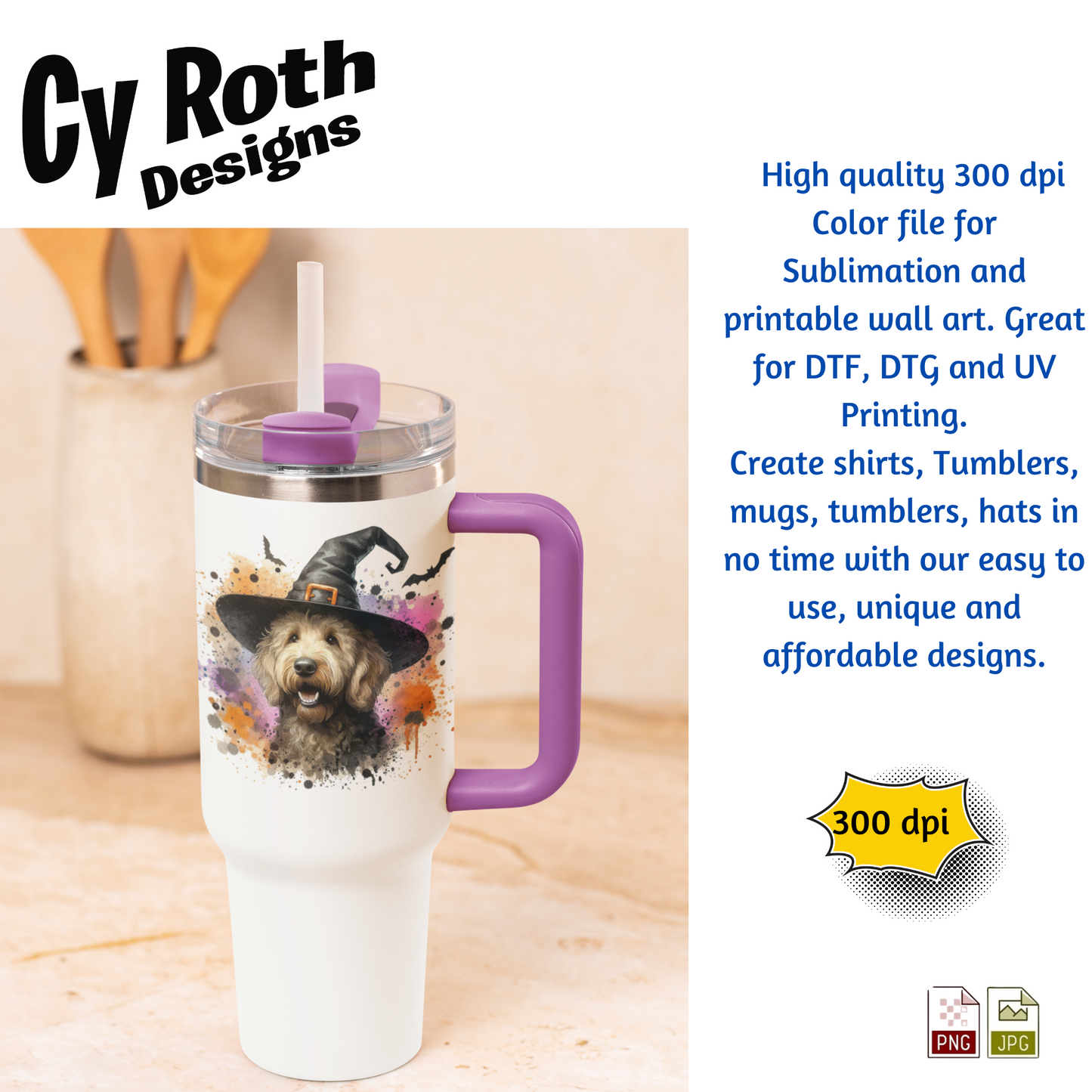 Tumbler with Goldendoodle wearing a witch hat with Halloween-themed background, Cy Roth Designs branding design and purple handle.