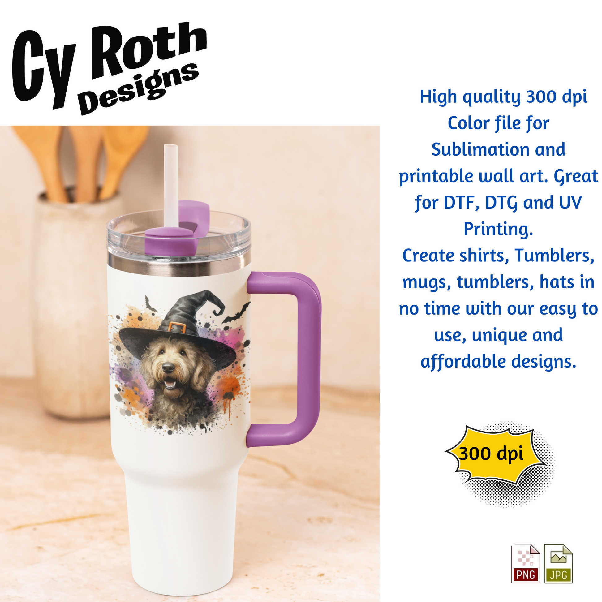 Tumbler with Goldendoodle wearing a witch hat with Halloween-themed background, Cy Roth Designs branding design and purple handle.
