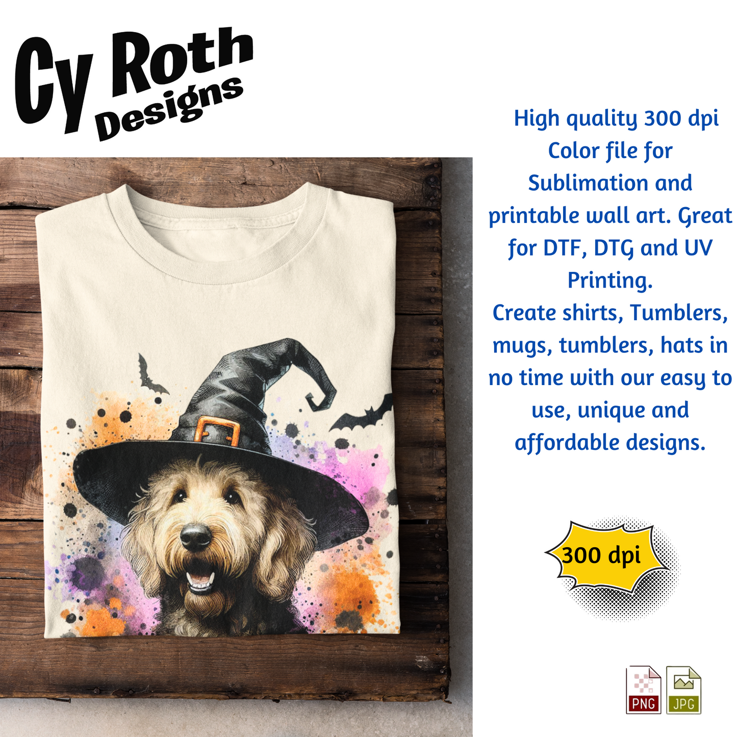 T-shirt with a dog wearing a witch hat design on a wooden surface, featuring Cy Roth Designs branding.