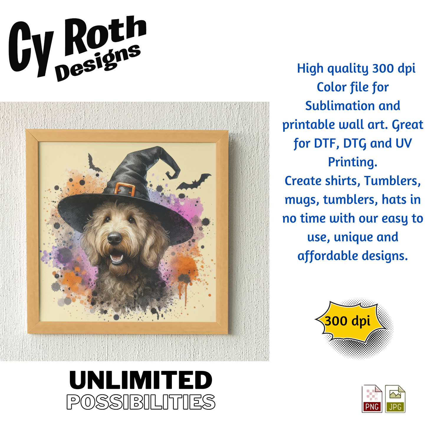 Framed artwork of a dog wearing a witch hat with Halloween-themed design, featuring Cy Roth Designs branding.