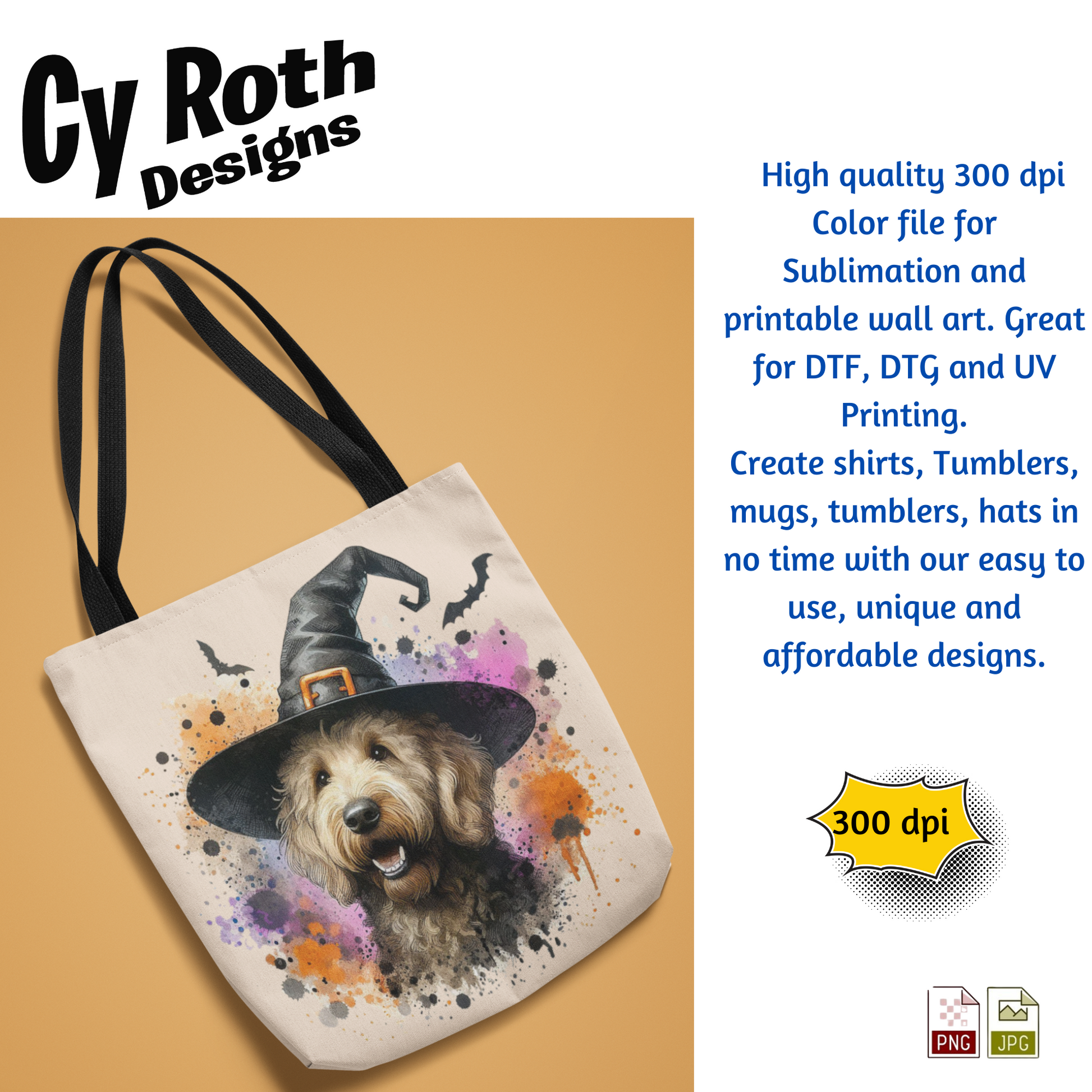Tote bag with a dog wearing a witch hat design on a beige background, featuring Cy Roth Designs text.