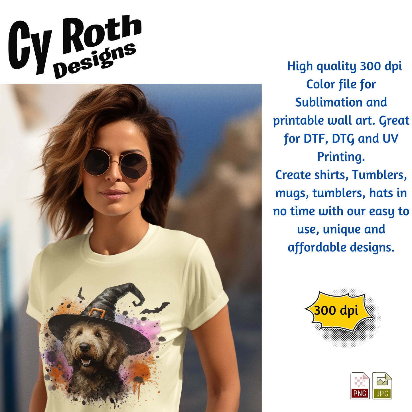 Woman wearing a t-shirt with a dog wearing a witch hat graphic, with promotional text about Cy Roth Designs.