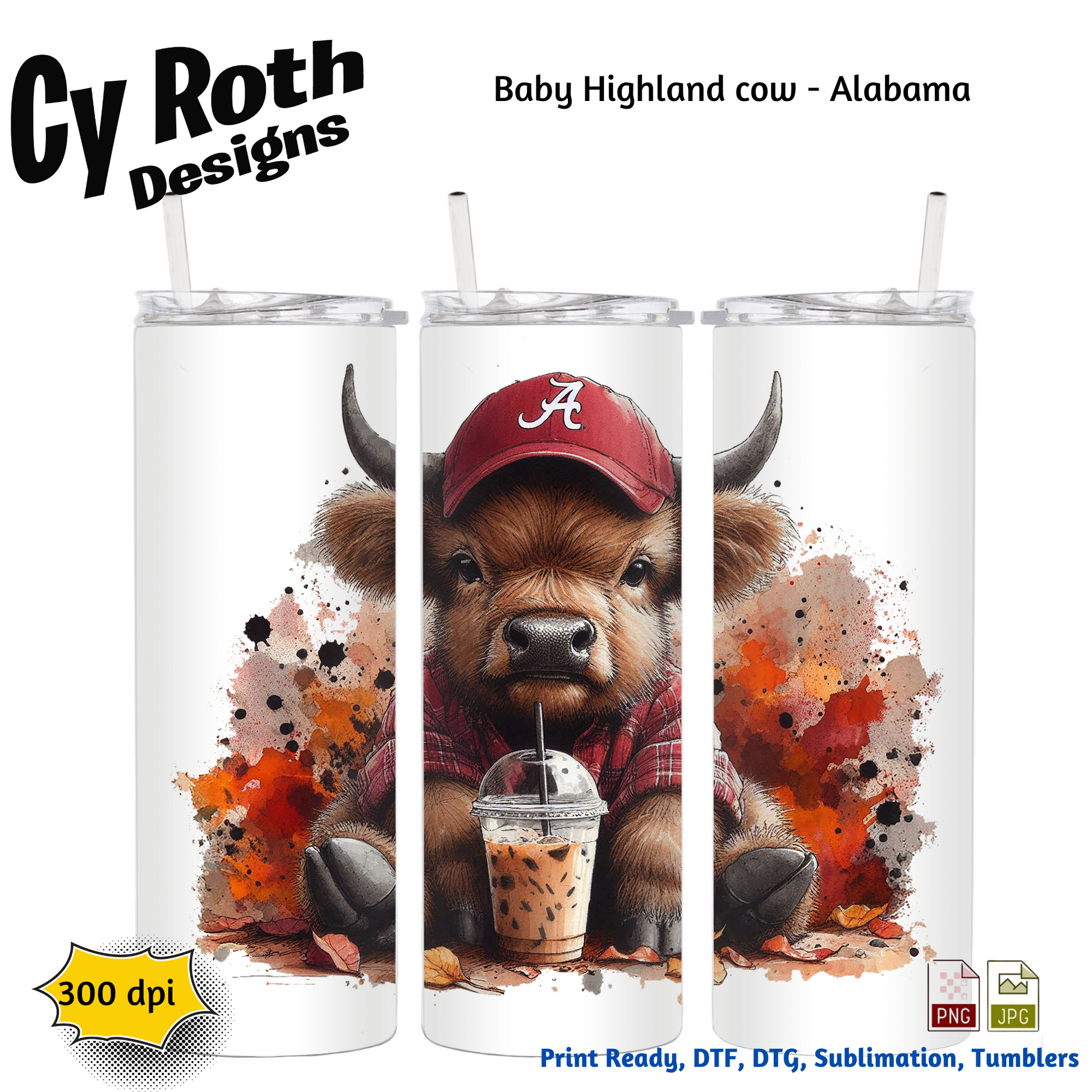 20 oz tumbler  with image of Baby Highland Cow wearing Alabama hat