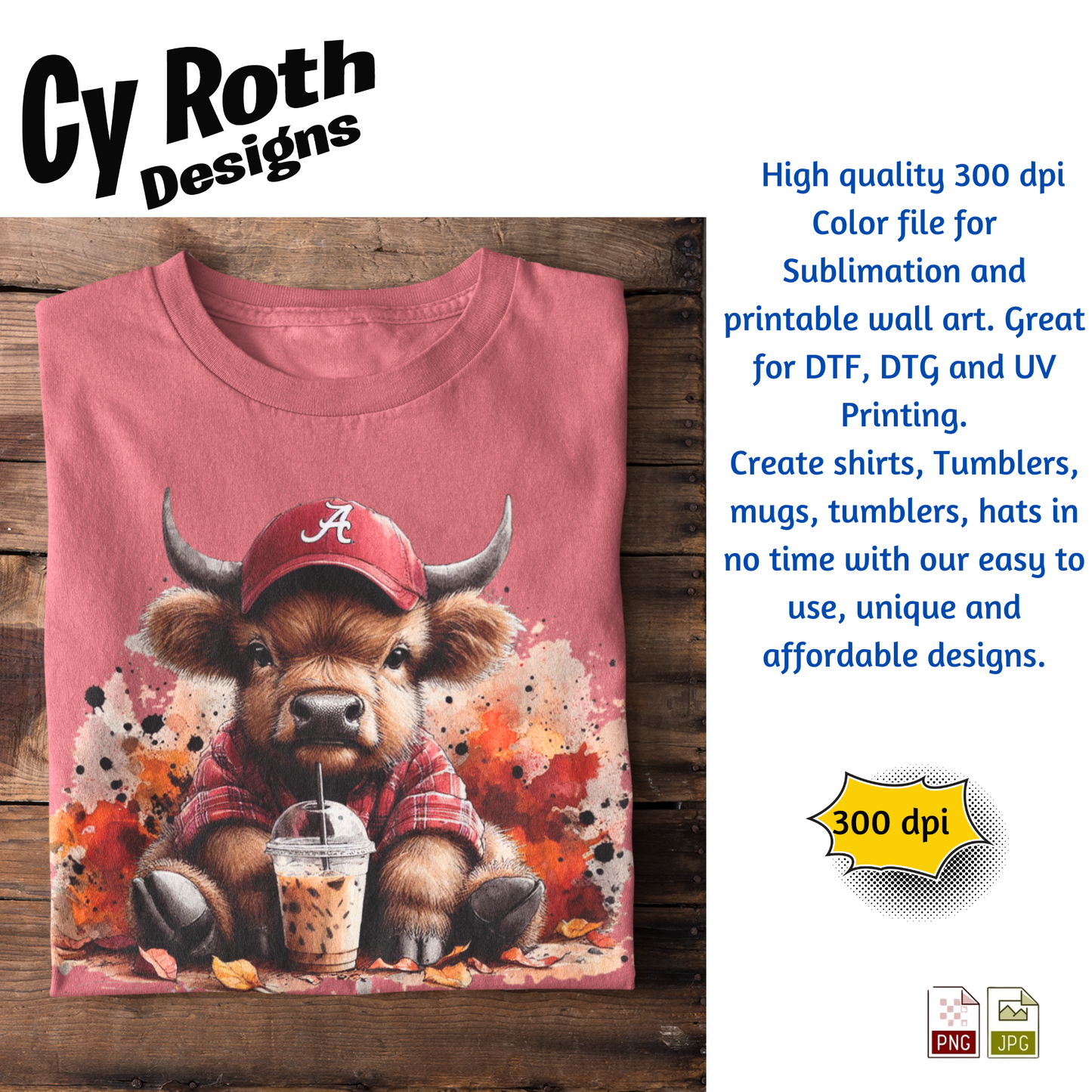 Shirt with image of Baby Highland Cow wearing Alabama hat