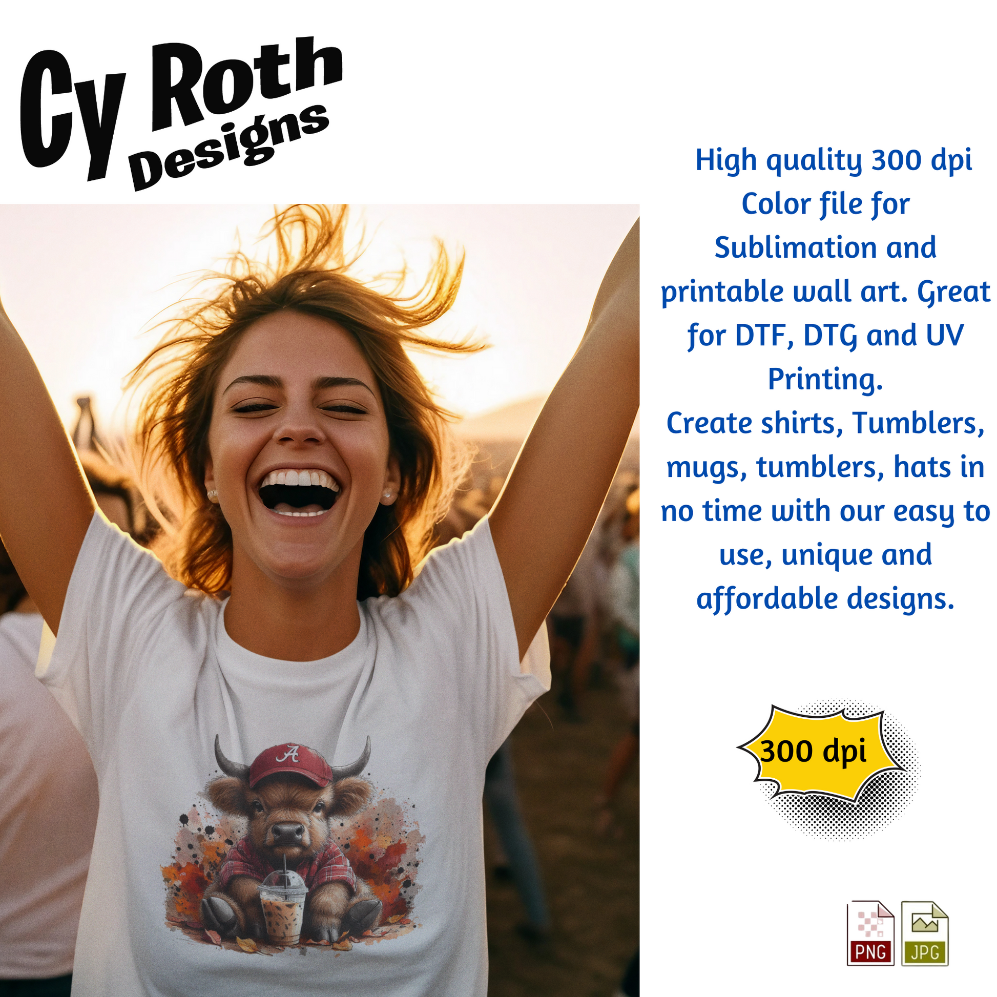 Woman wearing a T-shirt featuring image of Baby Highland Cow wearing Alabama hat