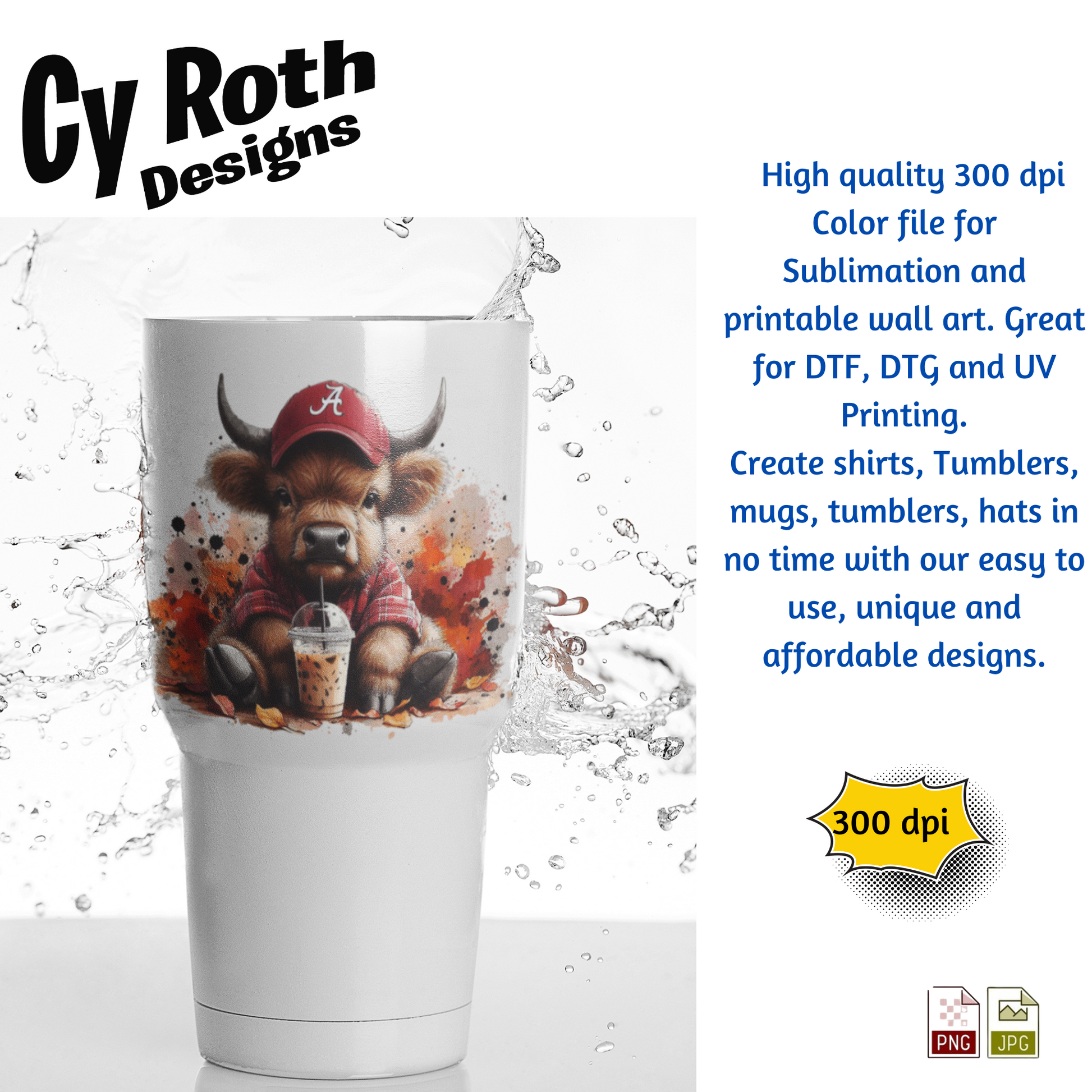 White tumbler  with image of Baby Highland Cow wearing Alabama hat