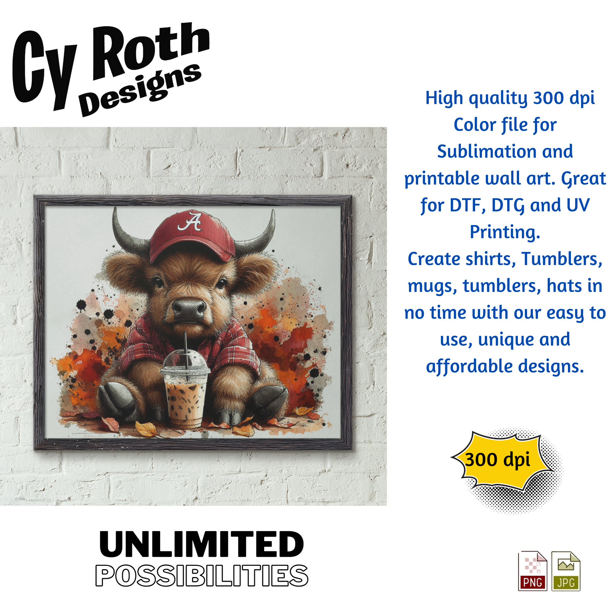 Framed artwork  with image of Baby Highland Cow wearing Alabama hat