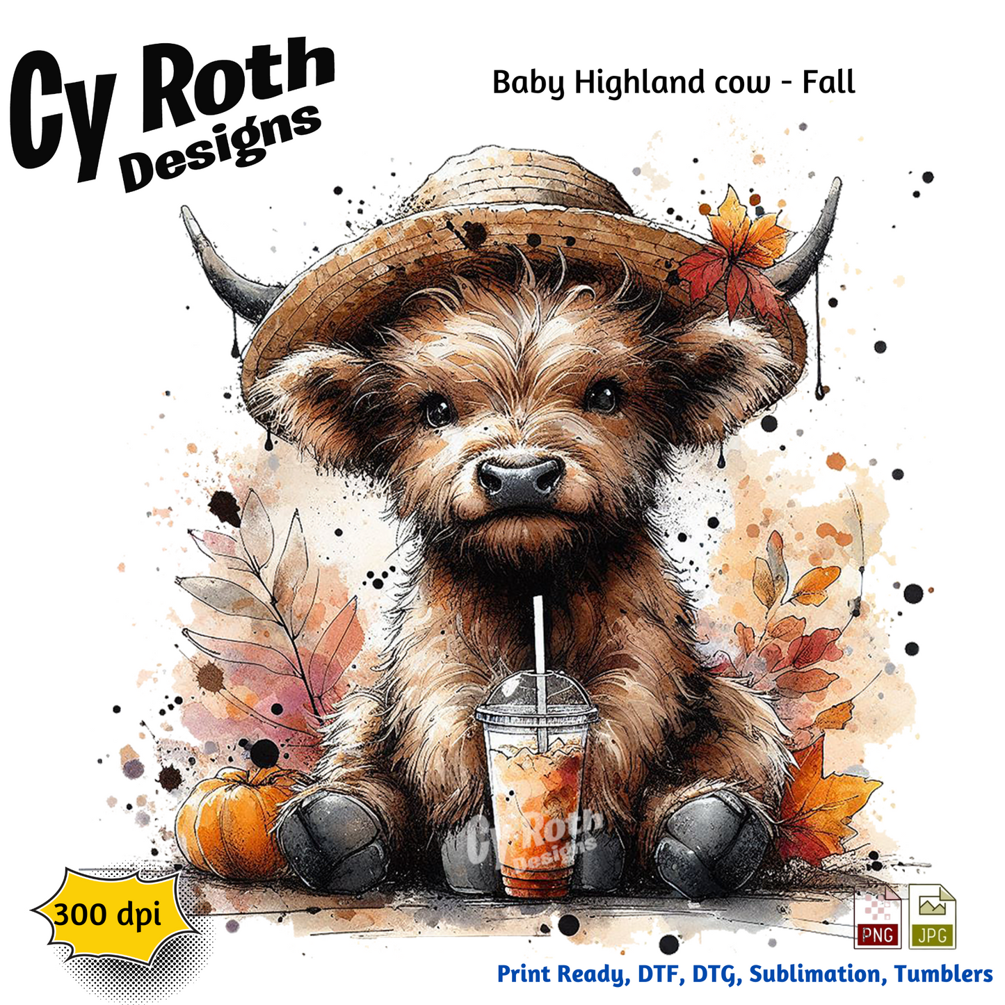 Highland Cow with Fall Decor png file for tumblers, shirts, wall art. Downloadable file.
